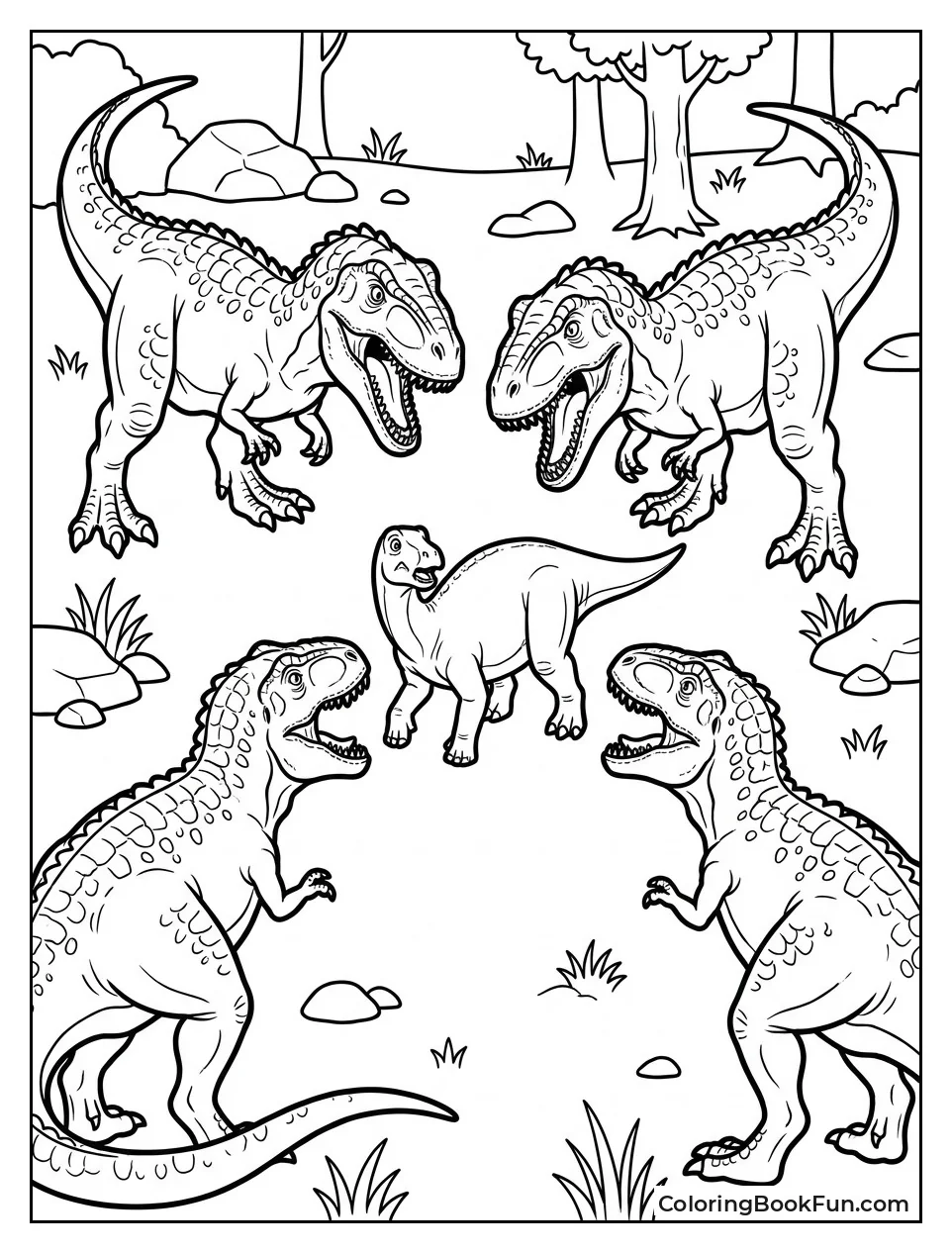 Giganotosauruses Surrounding Prey in Clearing