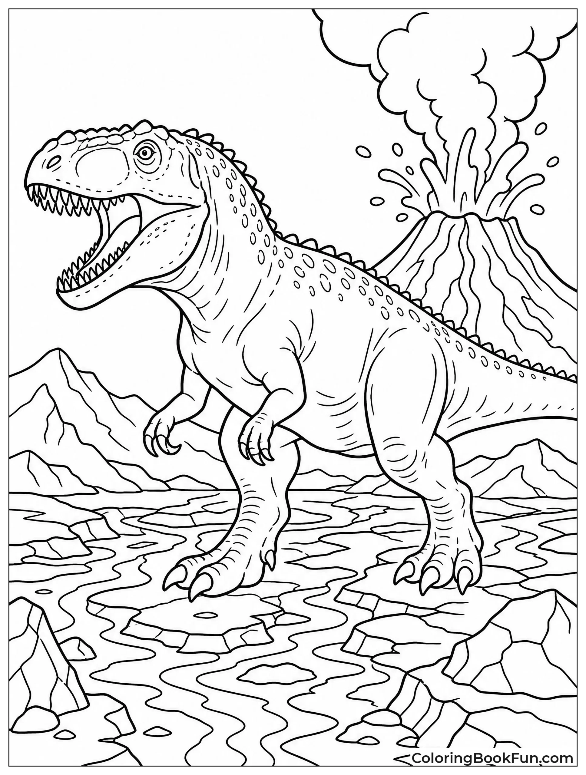 Giganotosaurus Walking Near Erupting Volcano