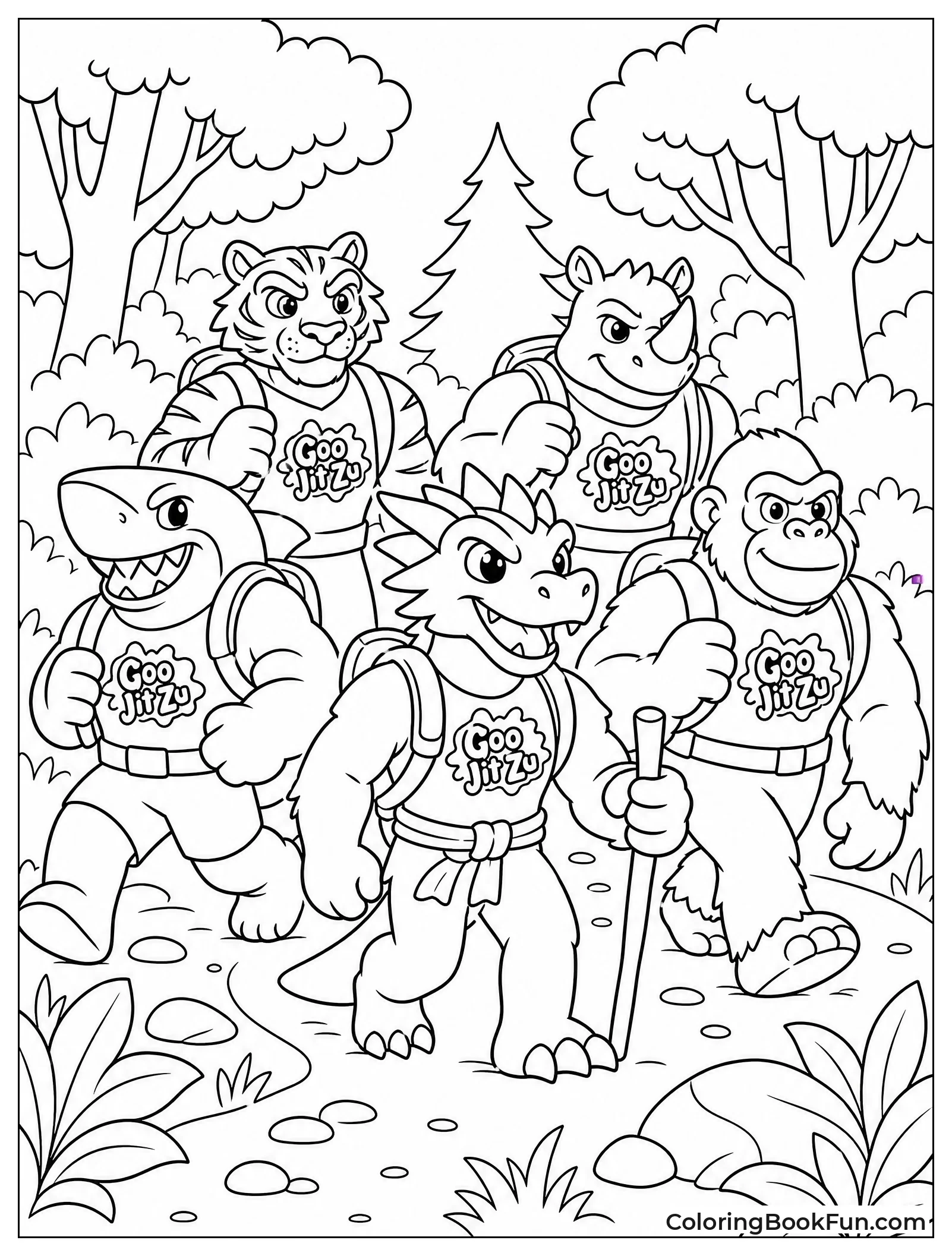 Five Heroes Hiking Through Forest