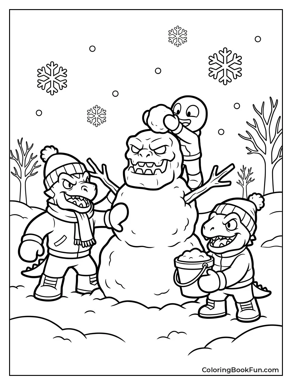 Heroes Building a Snowman Outside