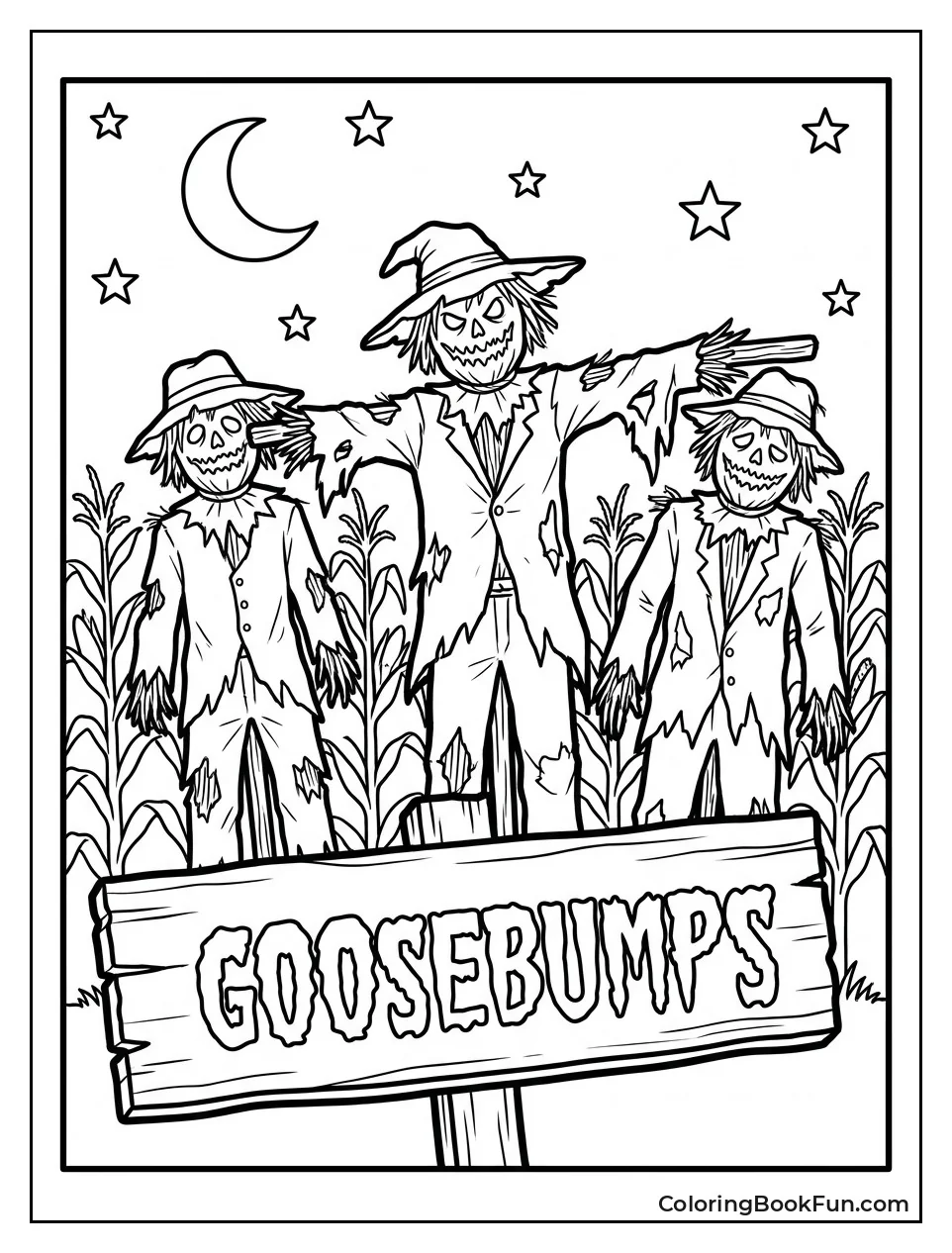 Scarecrows Stand in Cornfield at Night