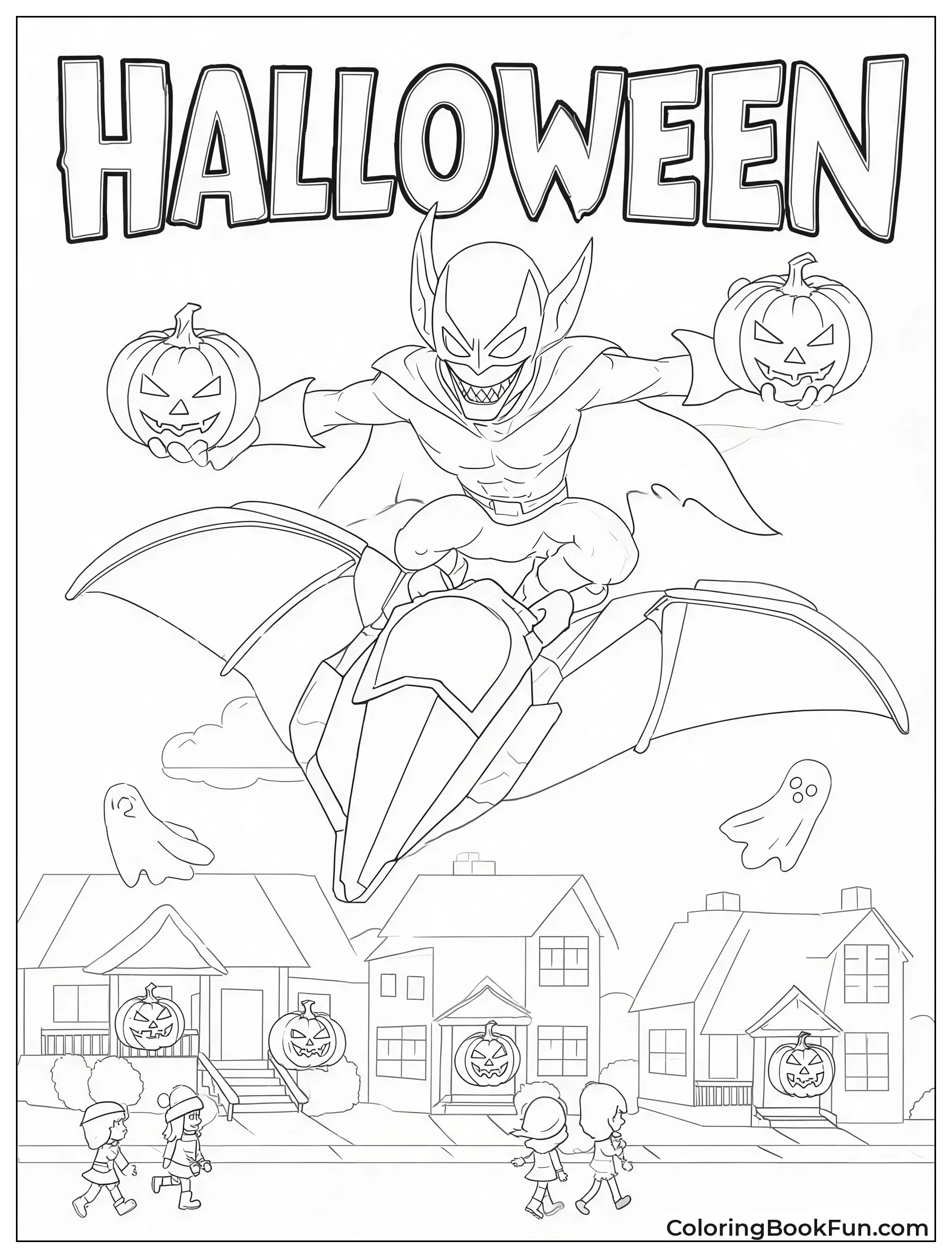 Goblin Flying Over Halloween Houses