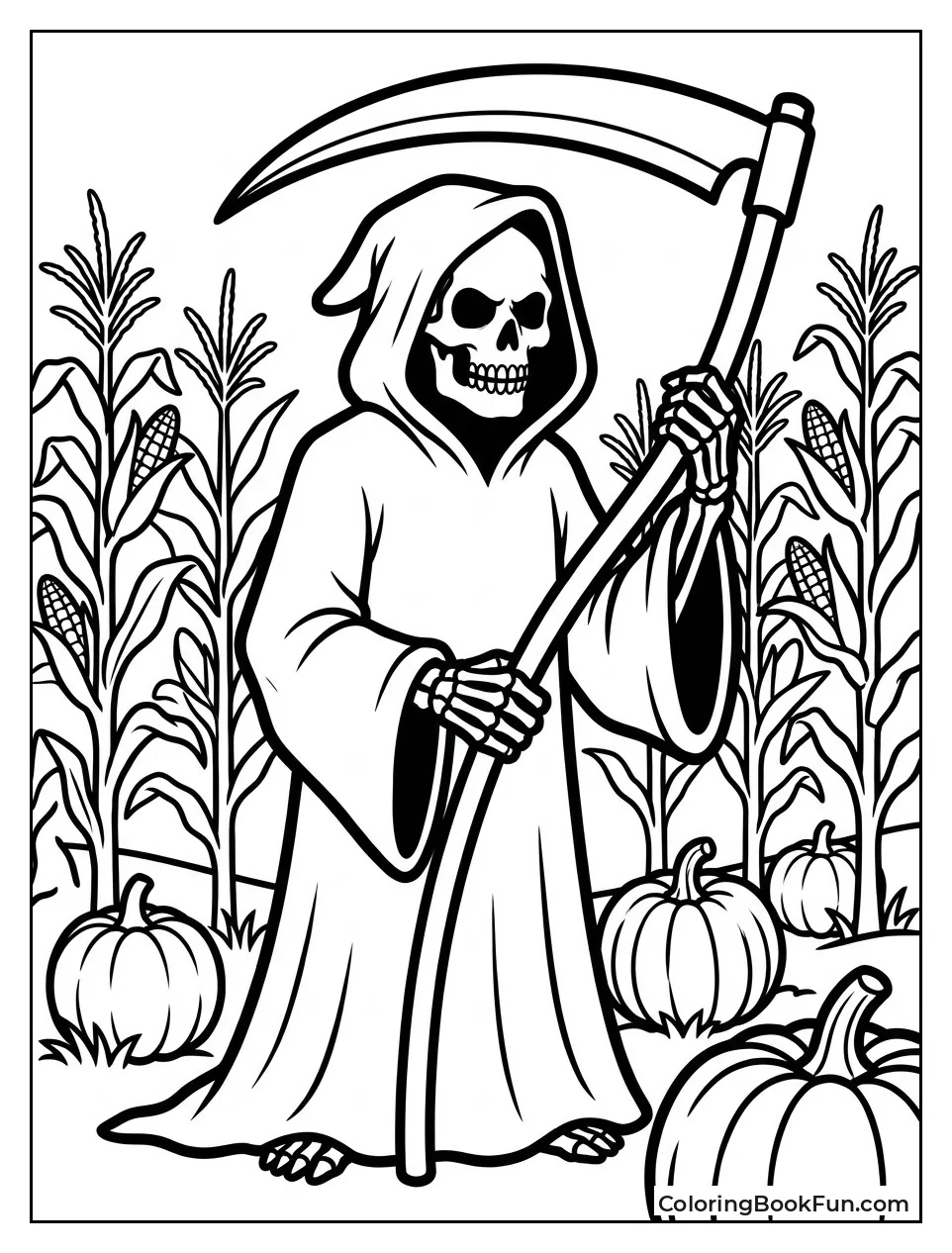 Reaper Among Corn Stalks and Pumpkins