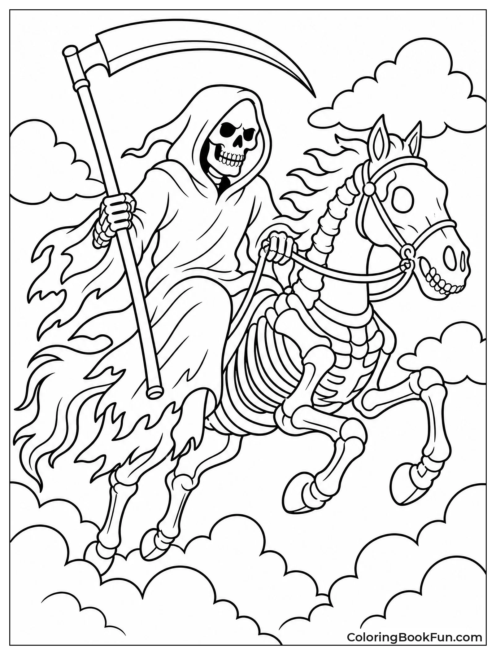 Reaper Riding Horse Through Clouds