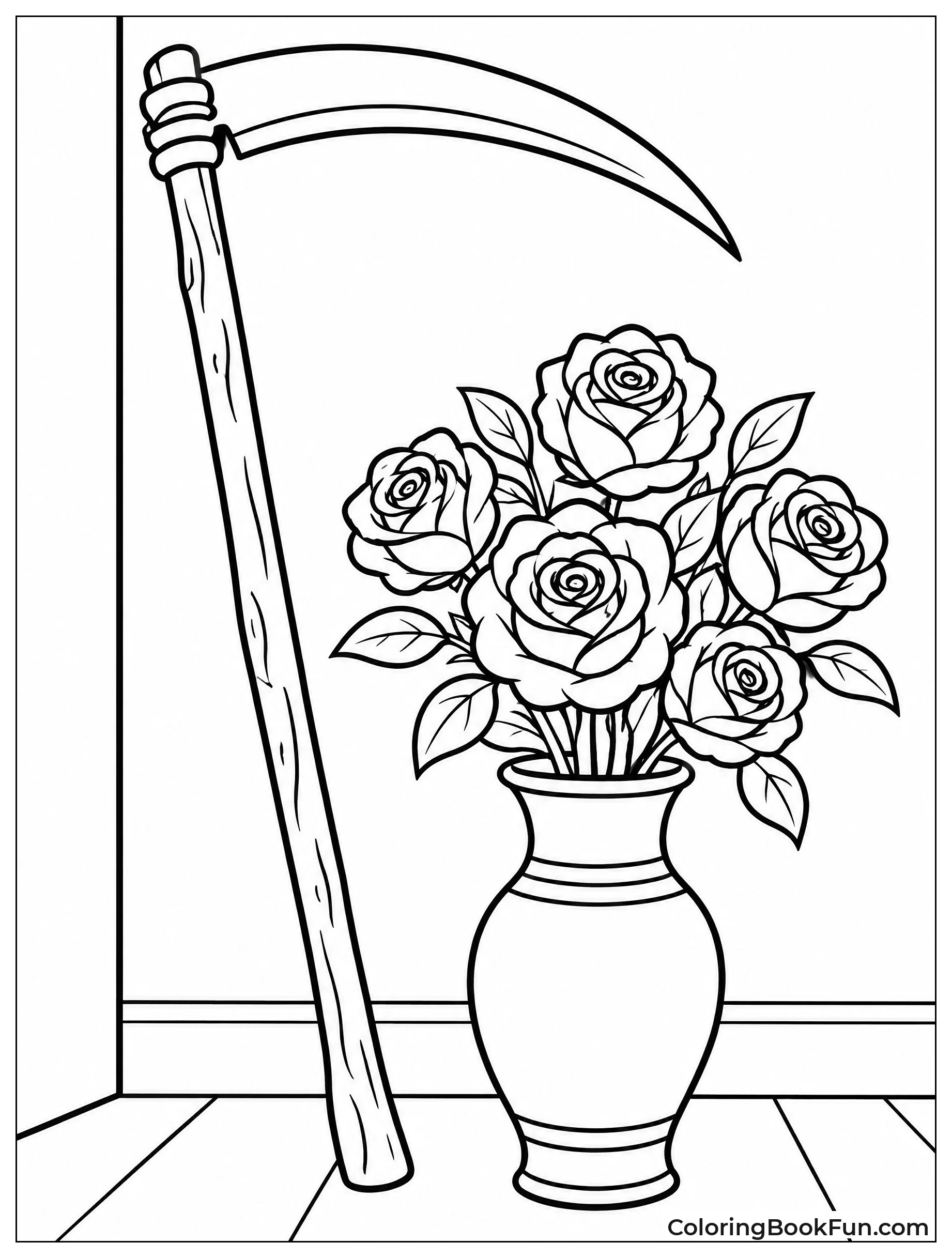 Scythe and Vase of Roses