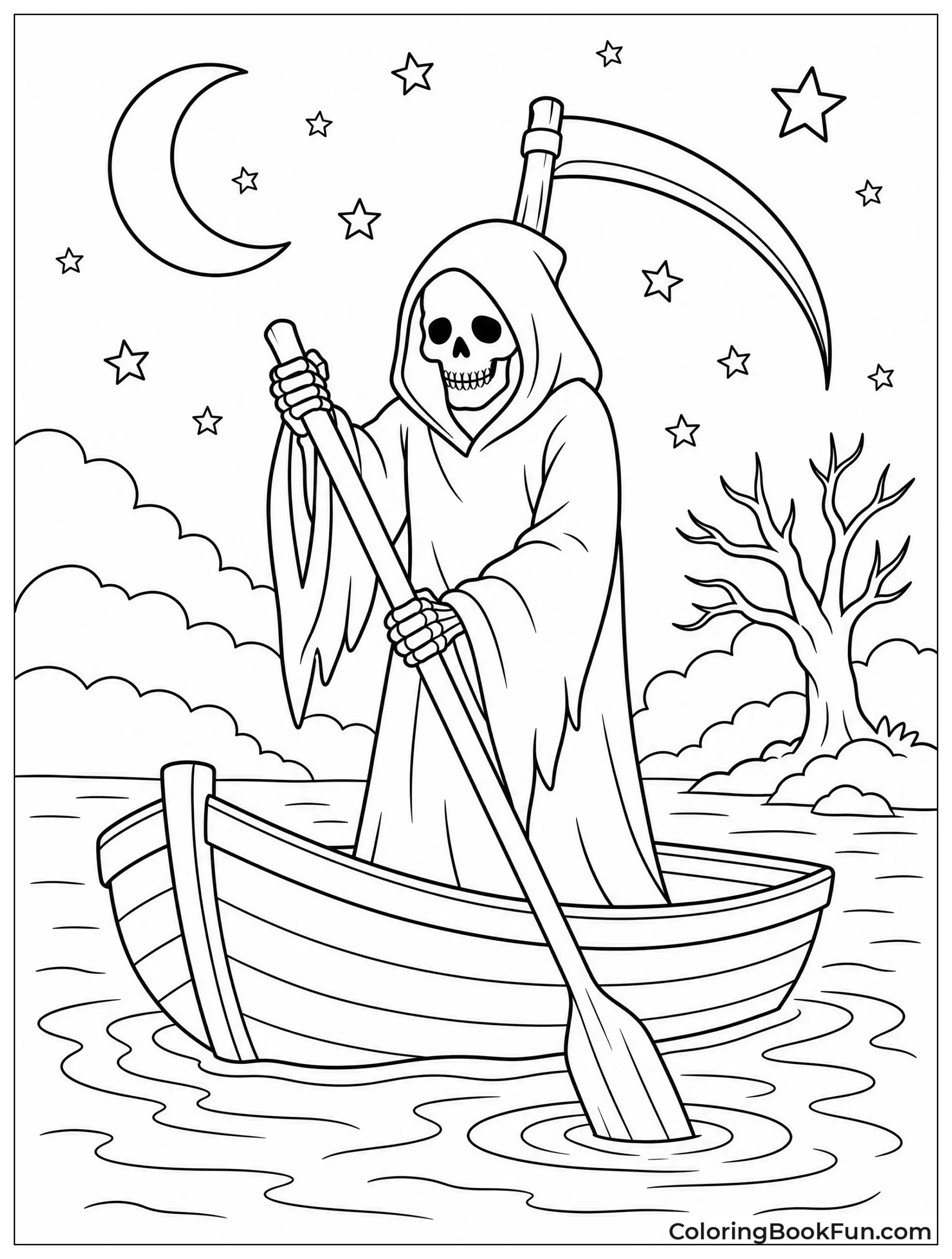 Reaper Rowing Boat Across River