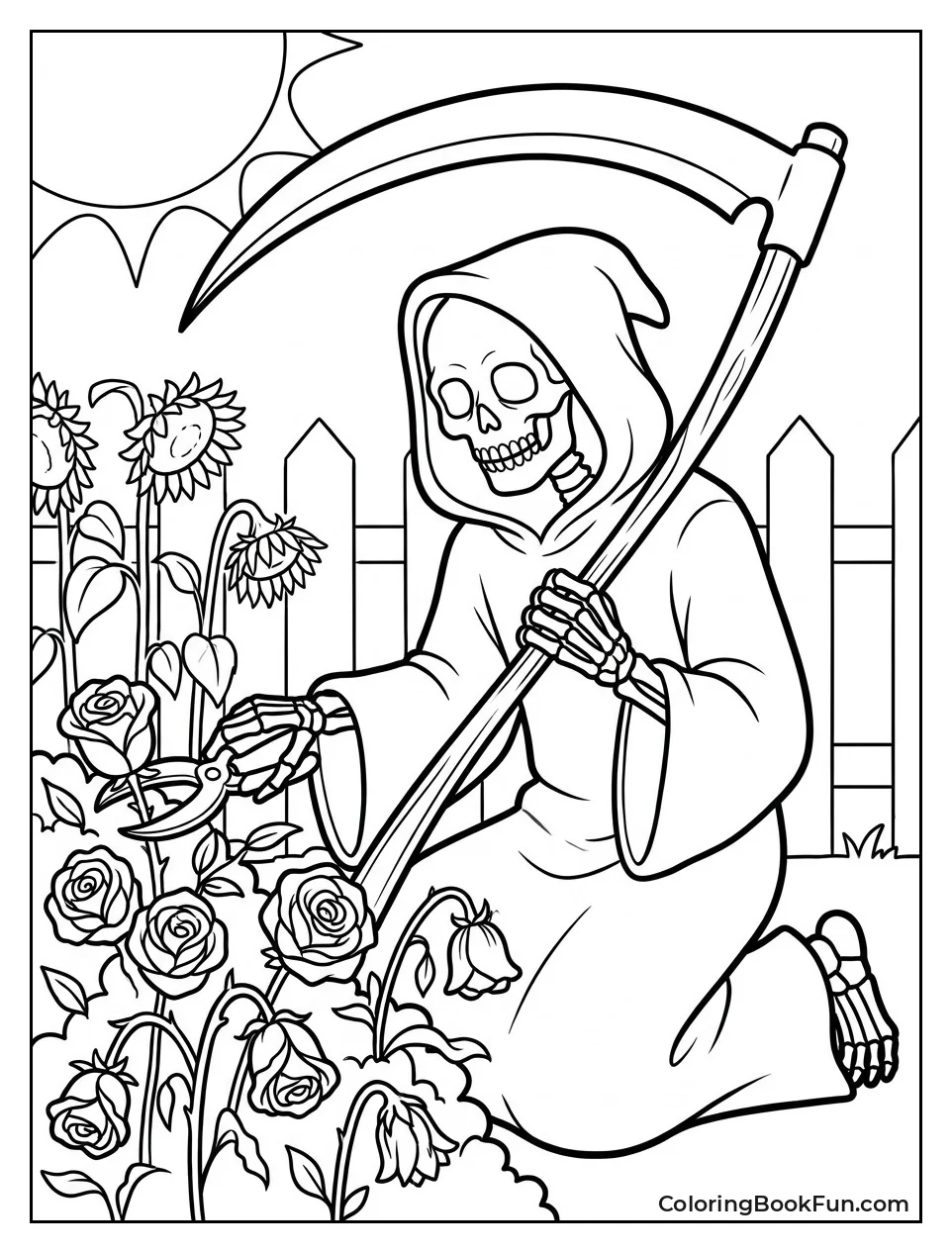 Reaper Trimming Garden of Roses