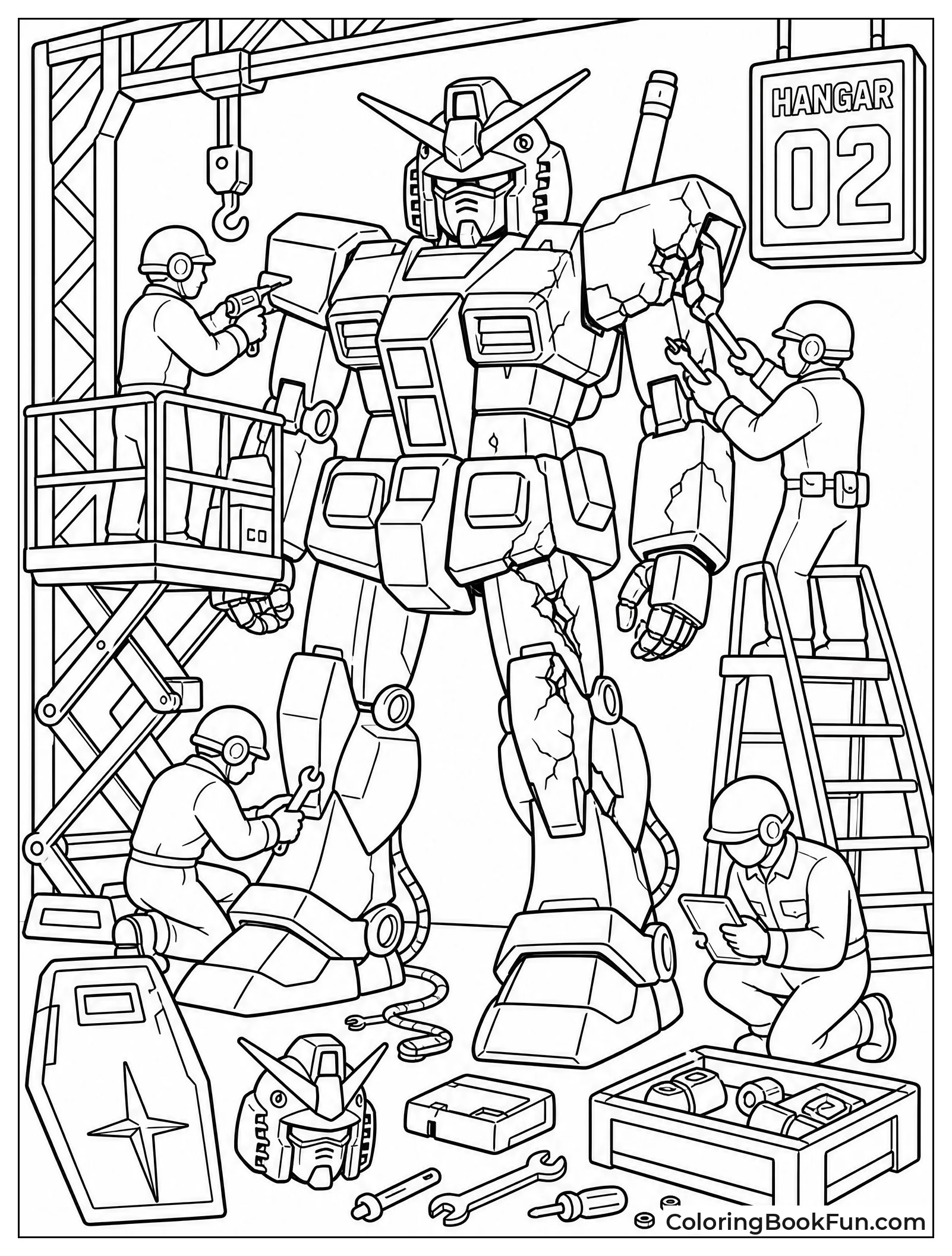 Mechanics Fixing Damaged Gundam