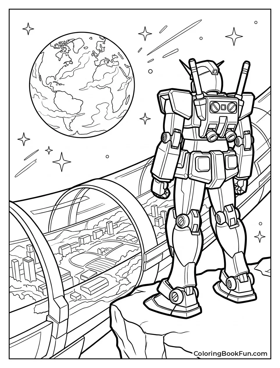Gundam Overlooking Rotating Colony