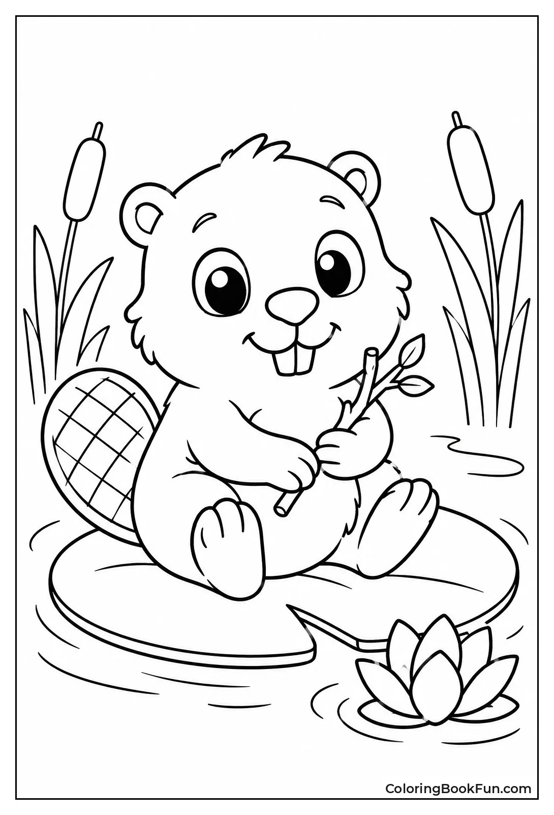 Kawaii Beaver Sits on Lily Pad