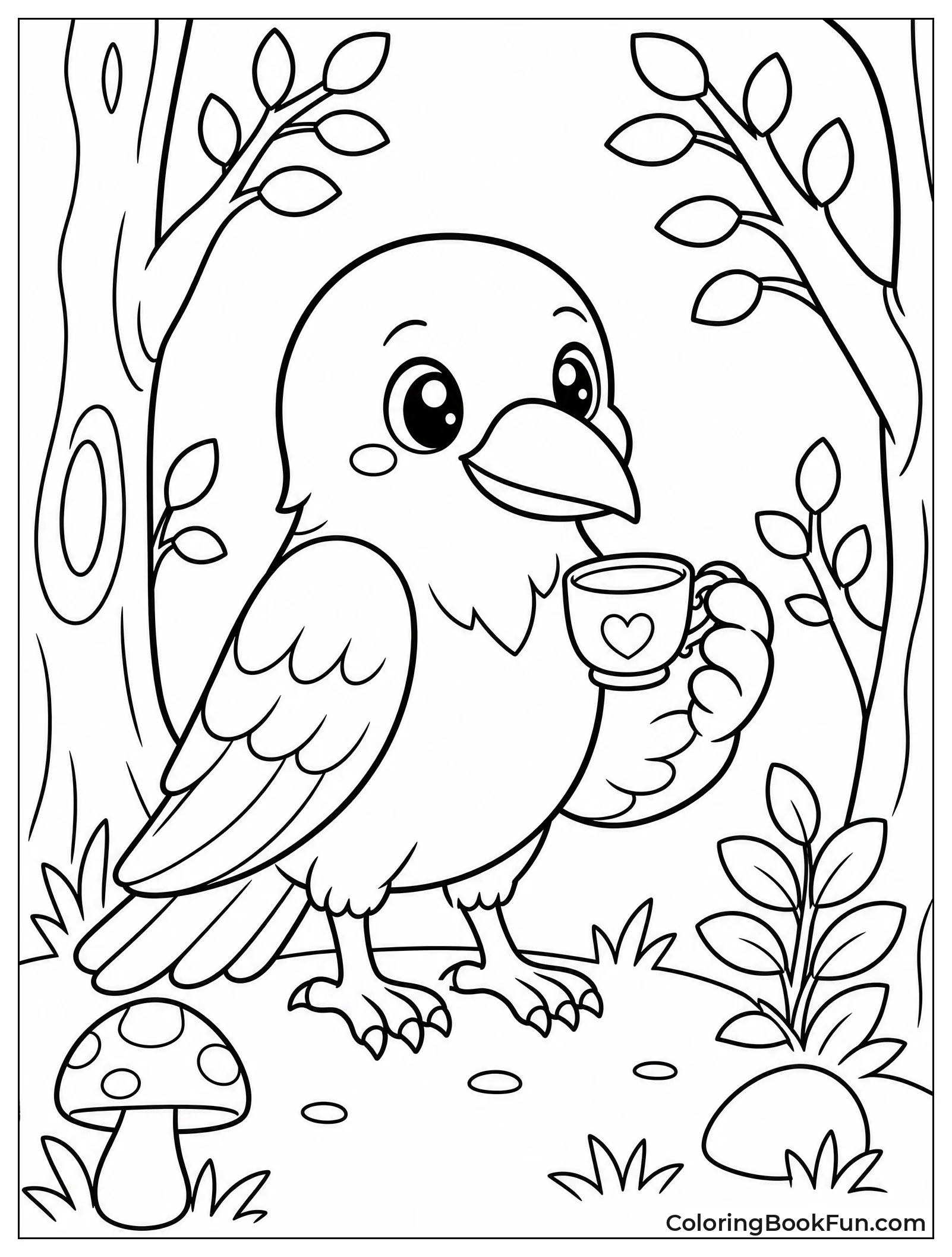 Kawaii Raven Drinks from Teacup