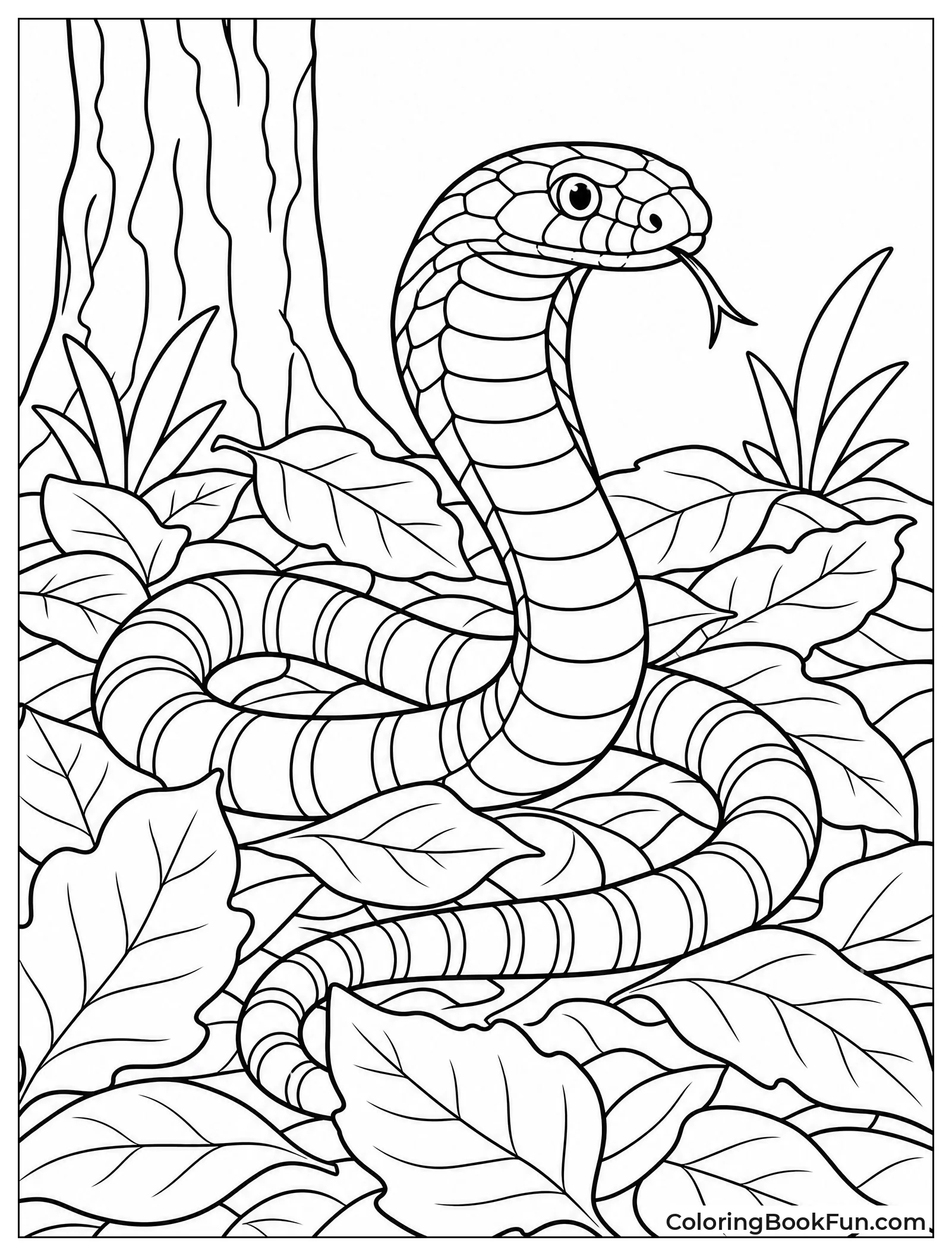 Young Cobra Camouflaged in Leaves