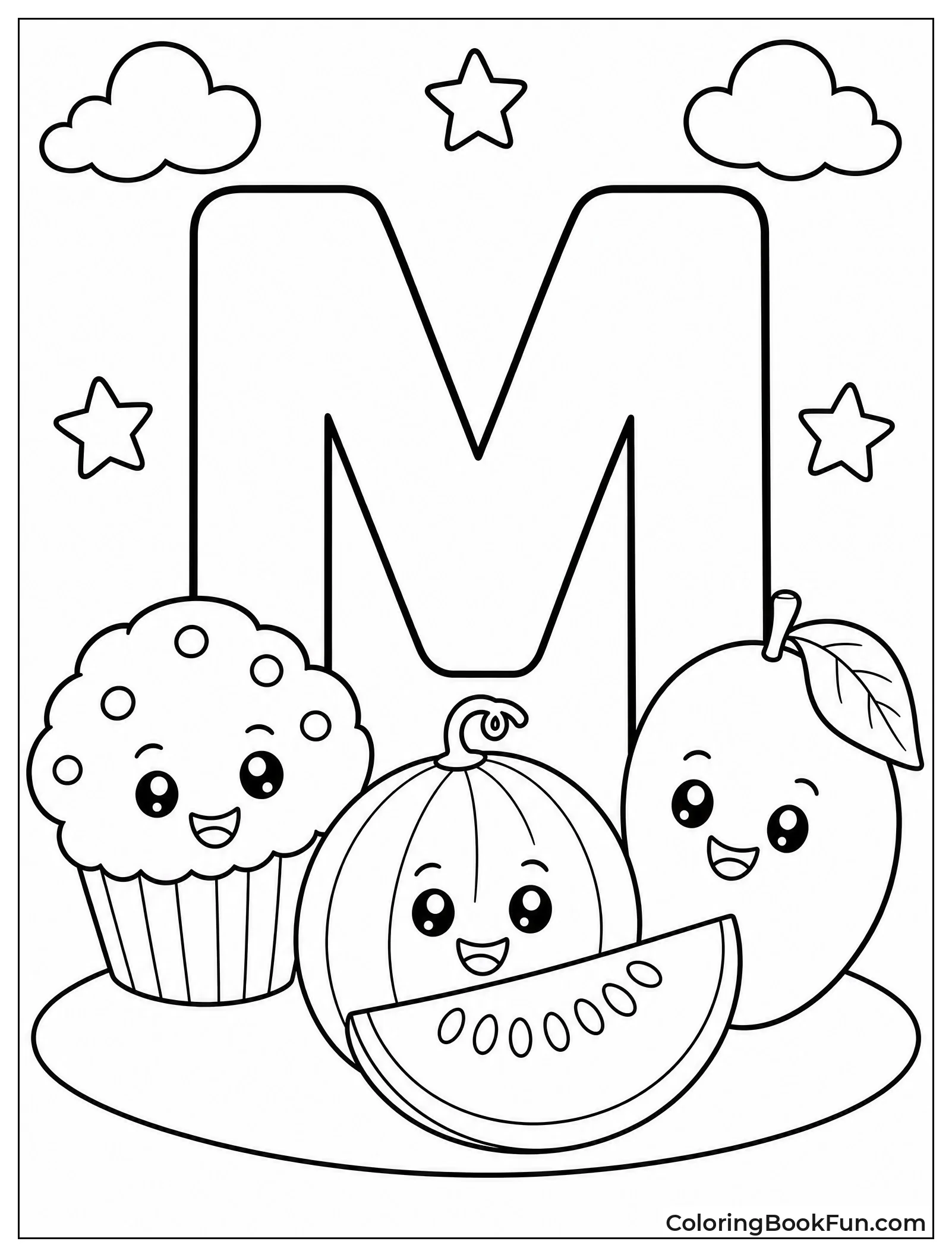 Smiling Fruits Gathered Around a Big M