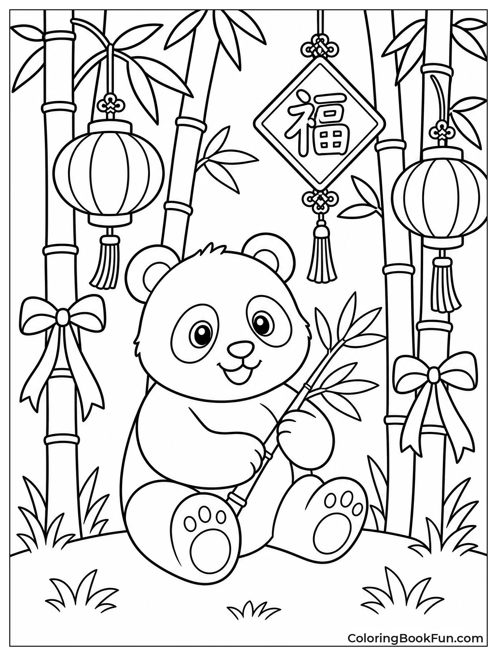 Panda Sits Among Tall Bamboo Stalks