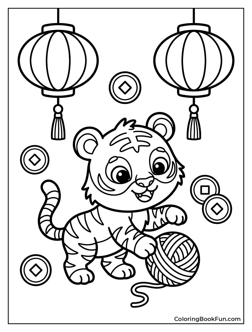 Playful Tiger Chases Ball of Yarn