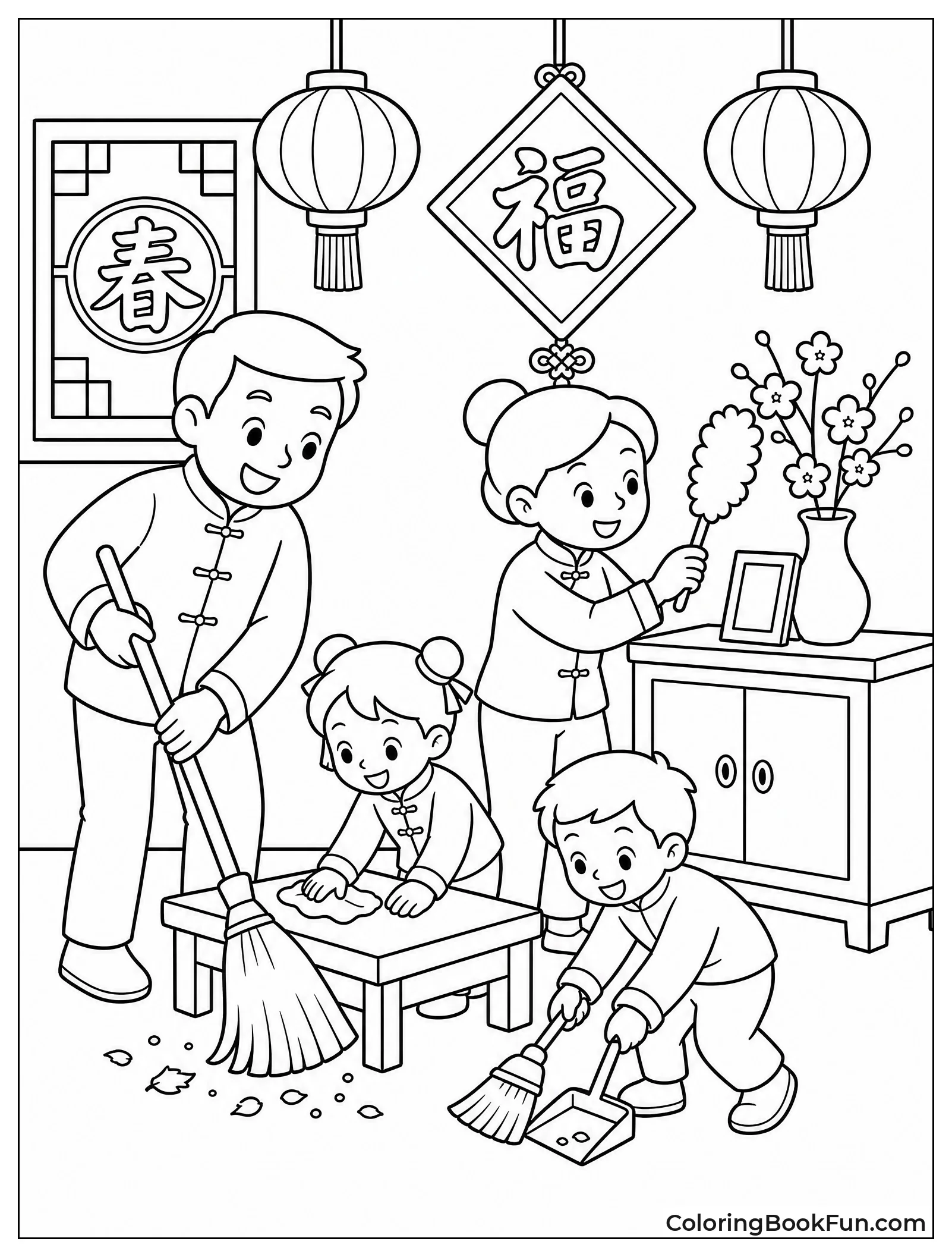 Family Sweeps Floor to Clean House