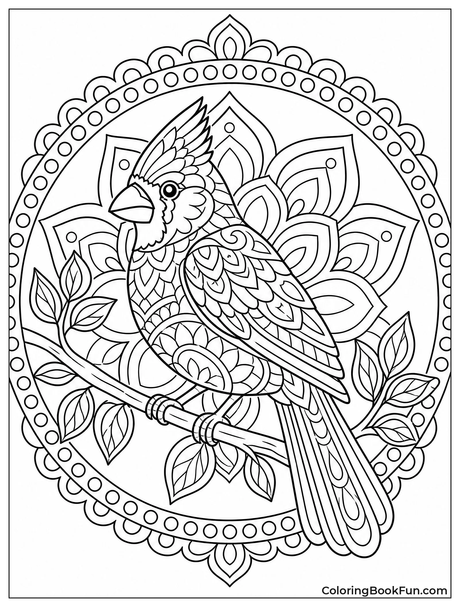 Mandala Cardinal with Symmetrical Feathers