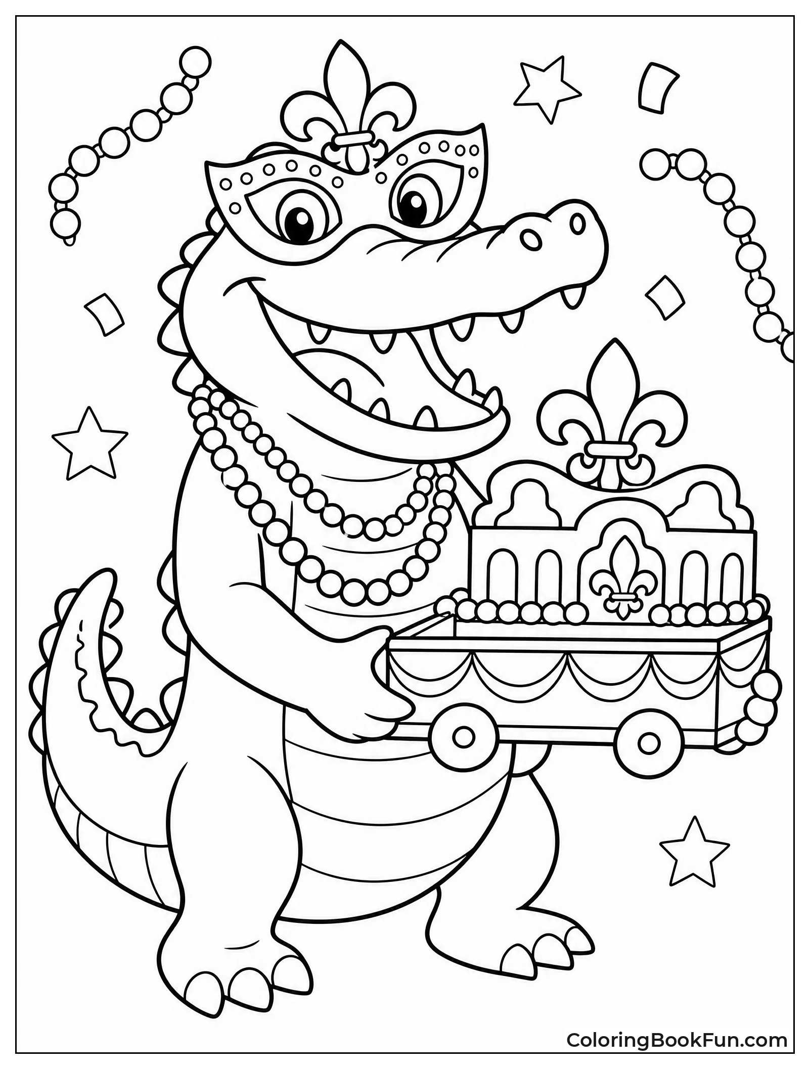 Alligator with Mask Holding Mardi Gras Float