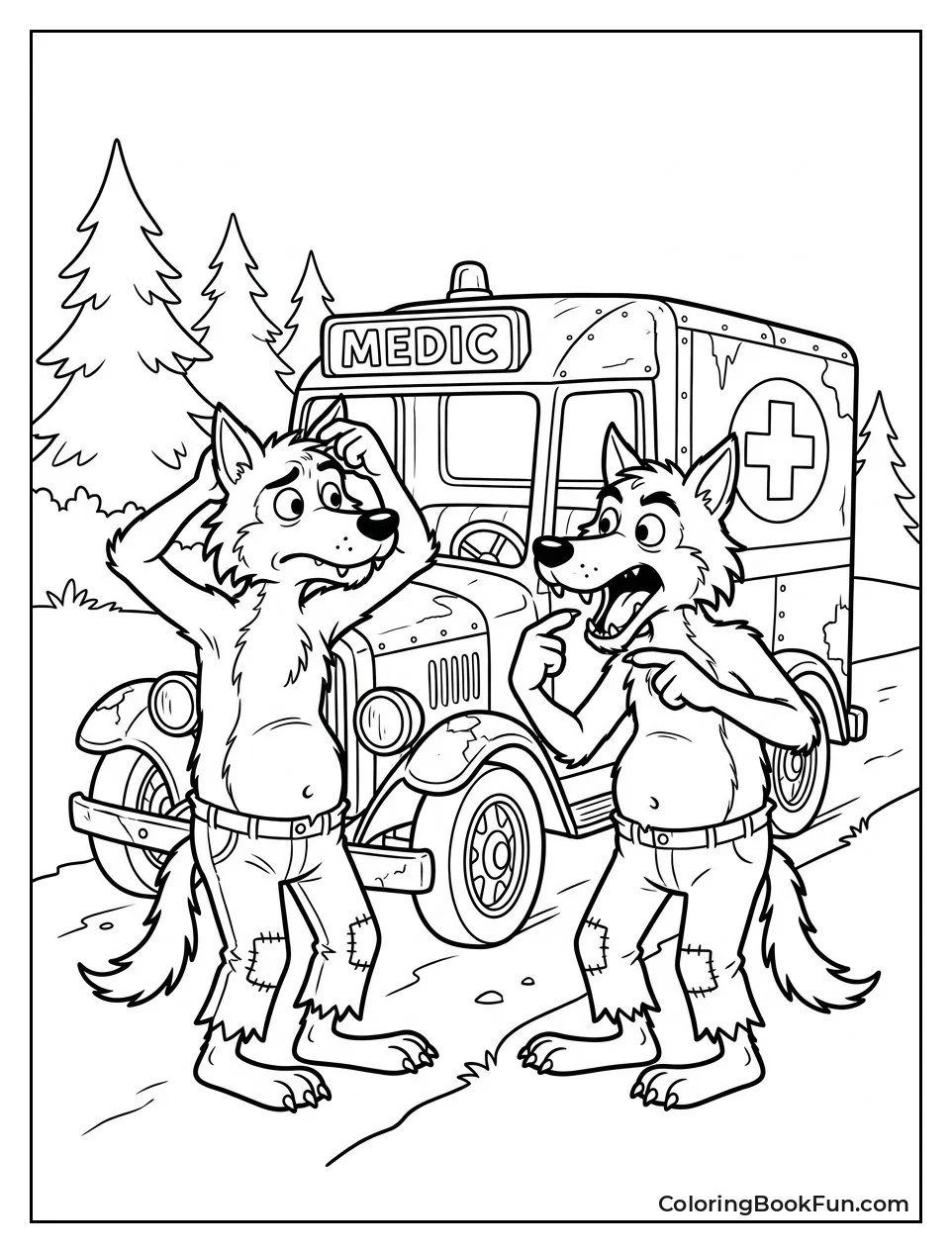 Wolves Stand By Old Ambulance