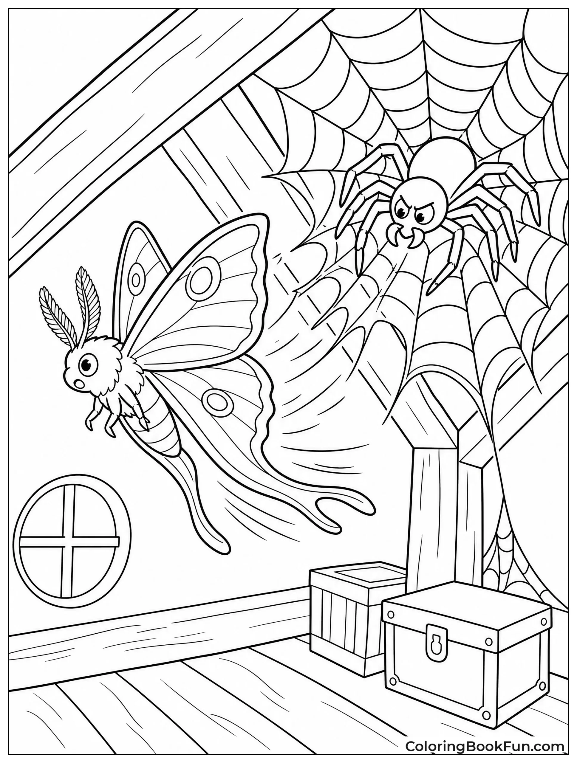 Moth Escaping Spider Web in Attic