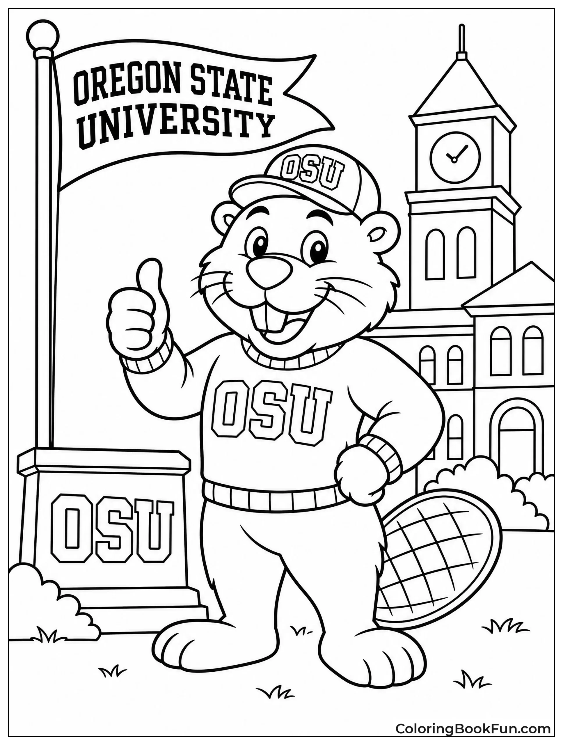 Beaver Mascot Standing Proudly with Flag