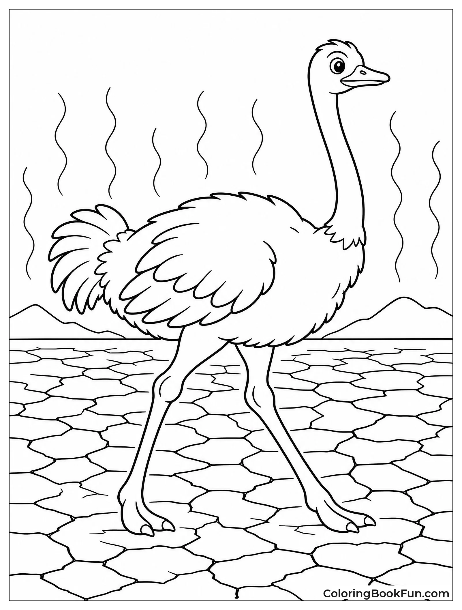 Ostrich Walks on Dry Cracked Ground