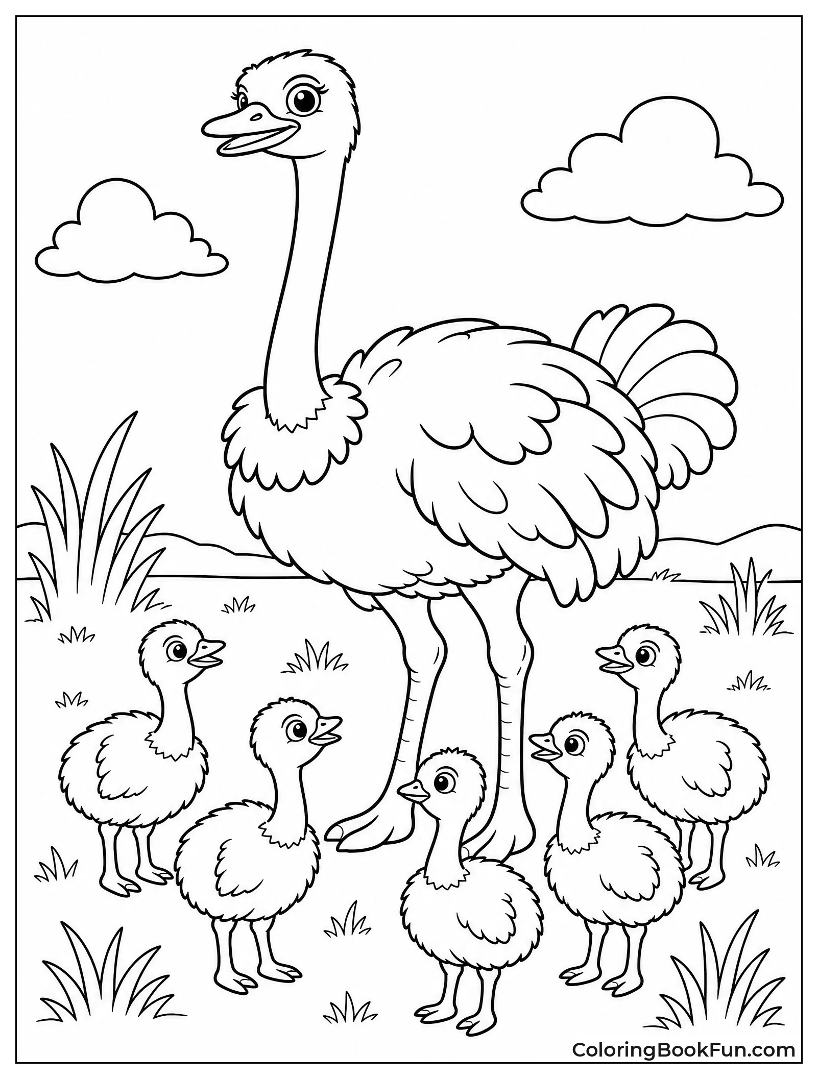 Adult Ostrich Watches Over Chicks