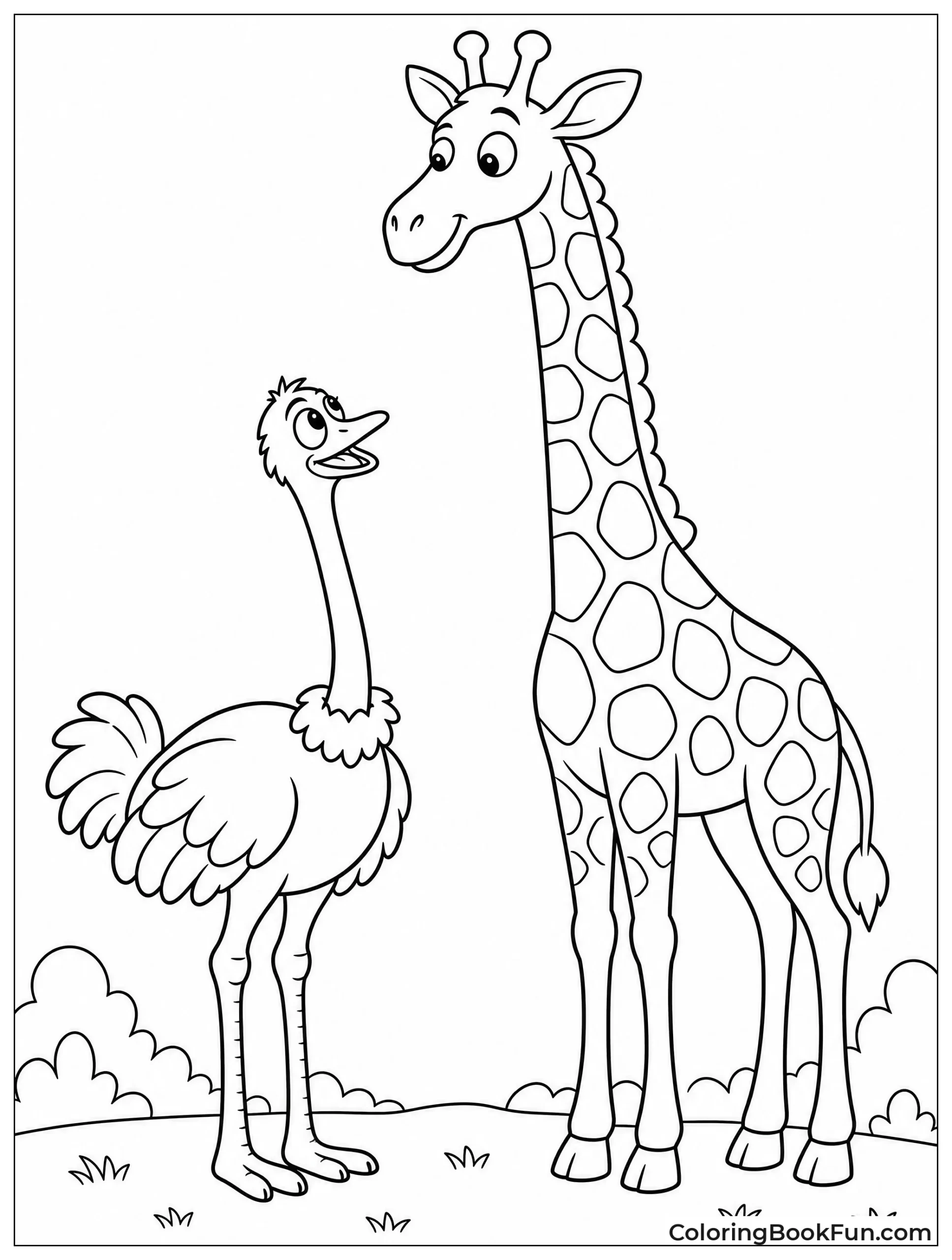Ostrich Looks Up at Giraffe