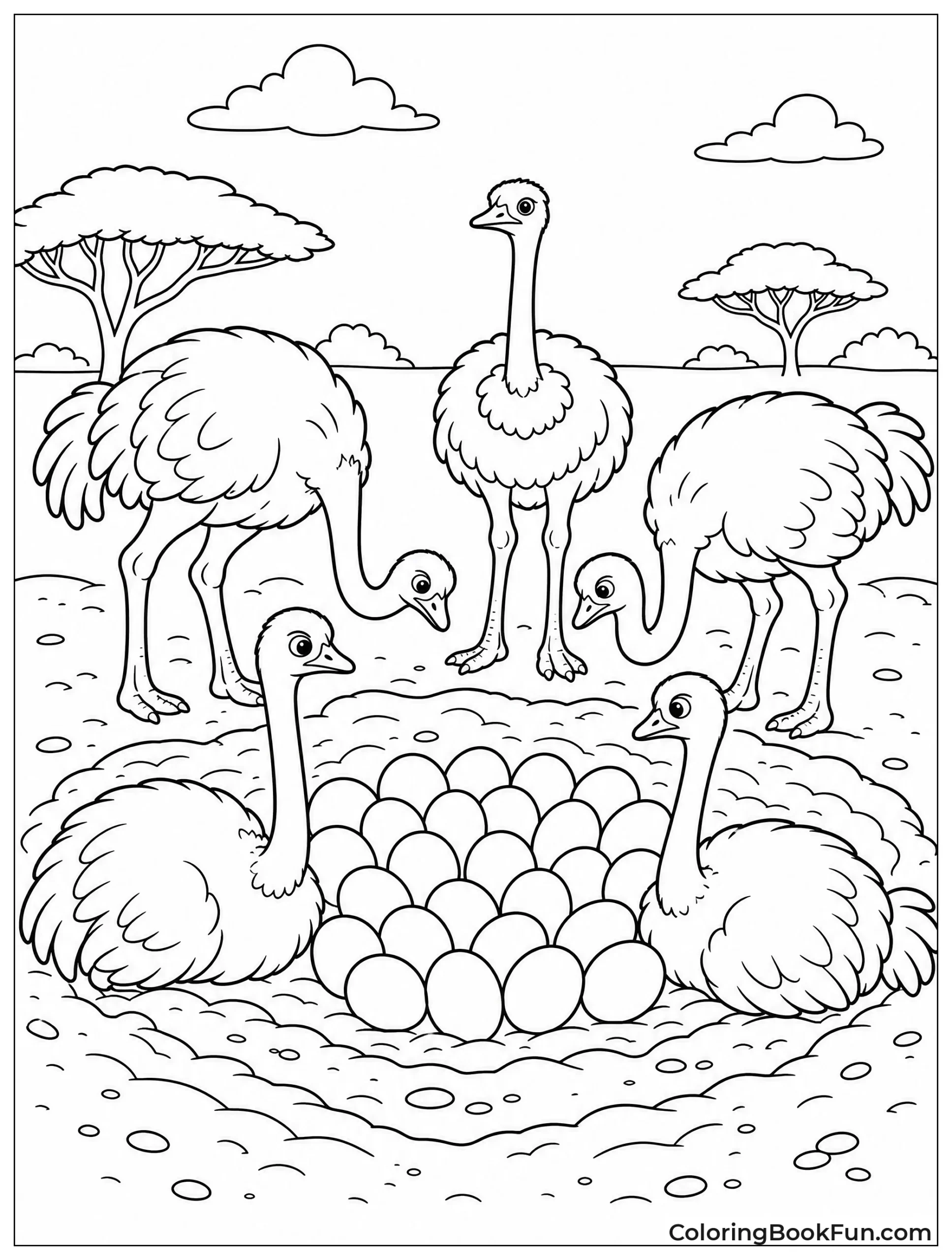 Ostriches Guard Many Eggs Together