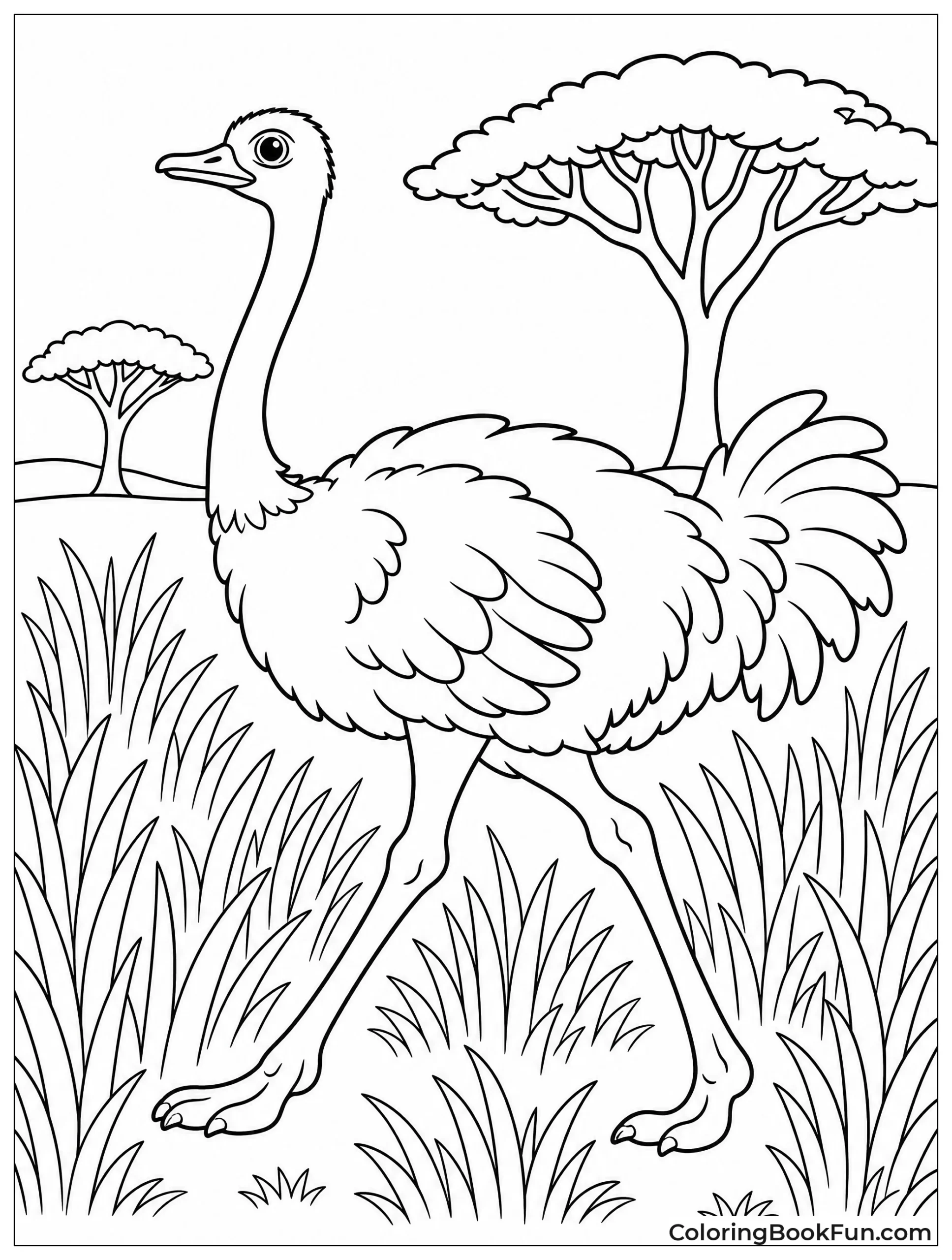Ostrich Walks Through Tall Grass