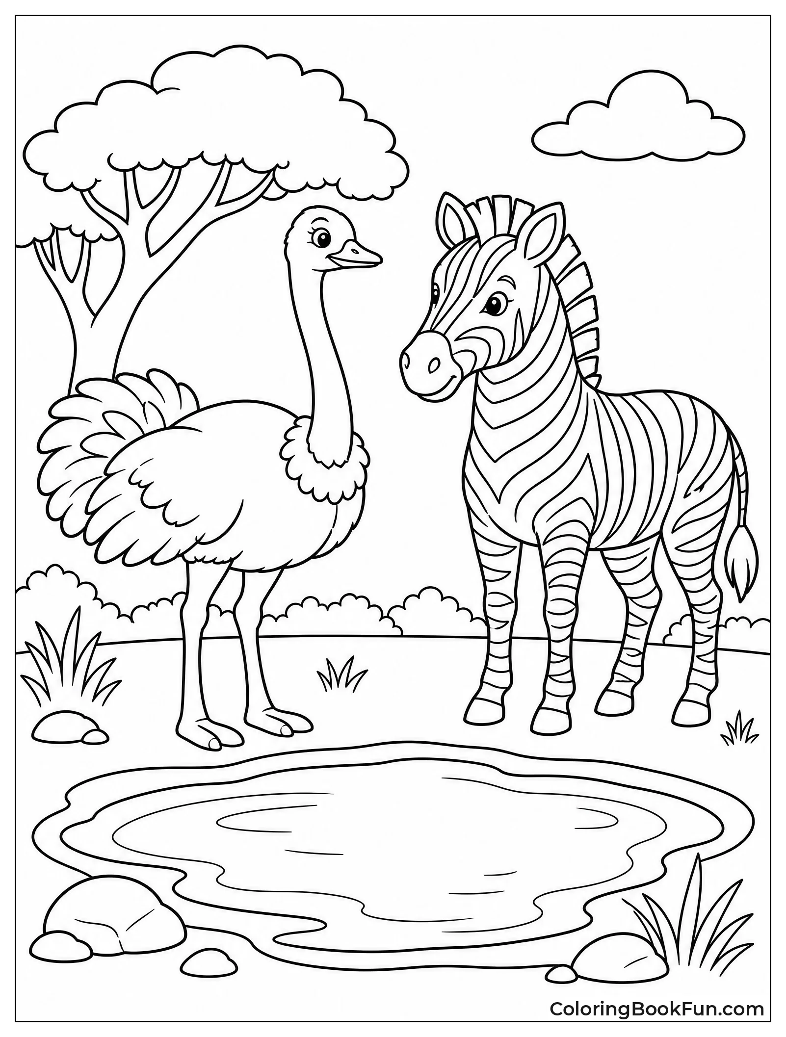 Ostrich Stands with Zebra Friend