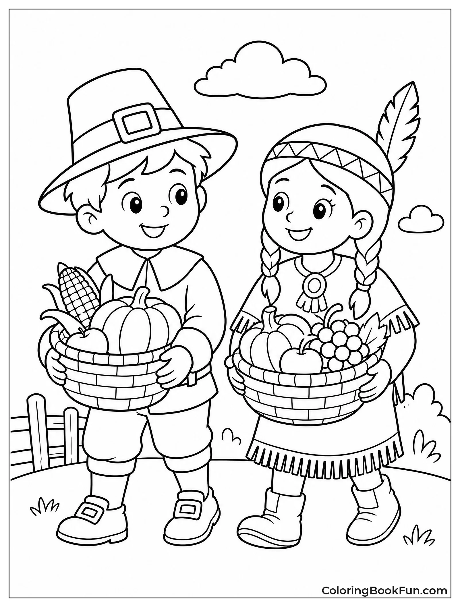 Pilgrim and Native Friend Carrying Baskets