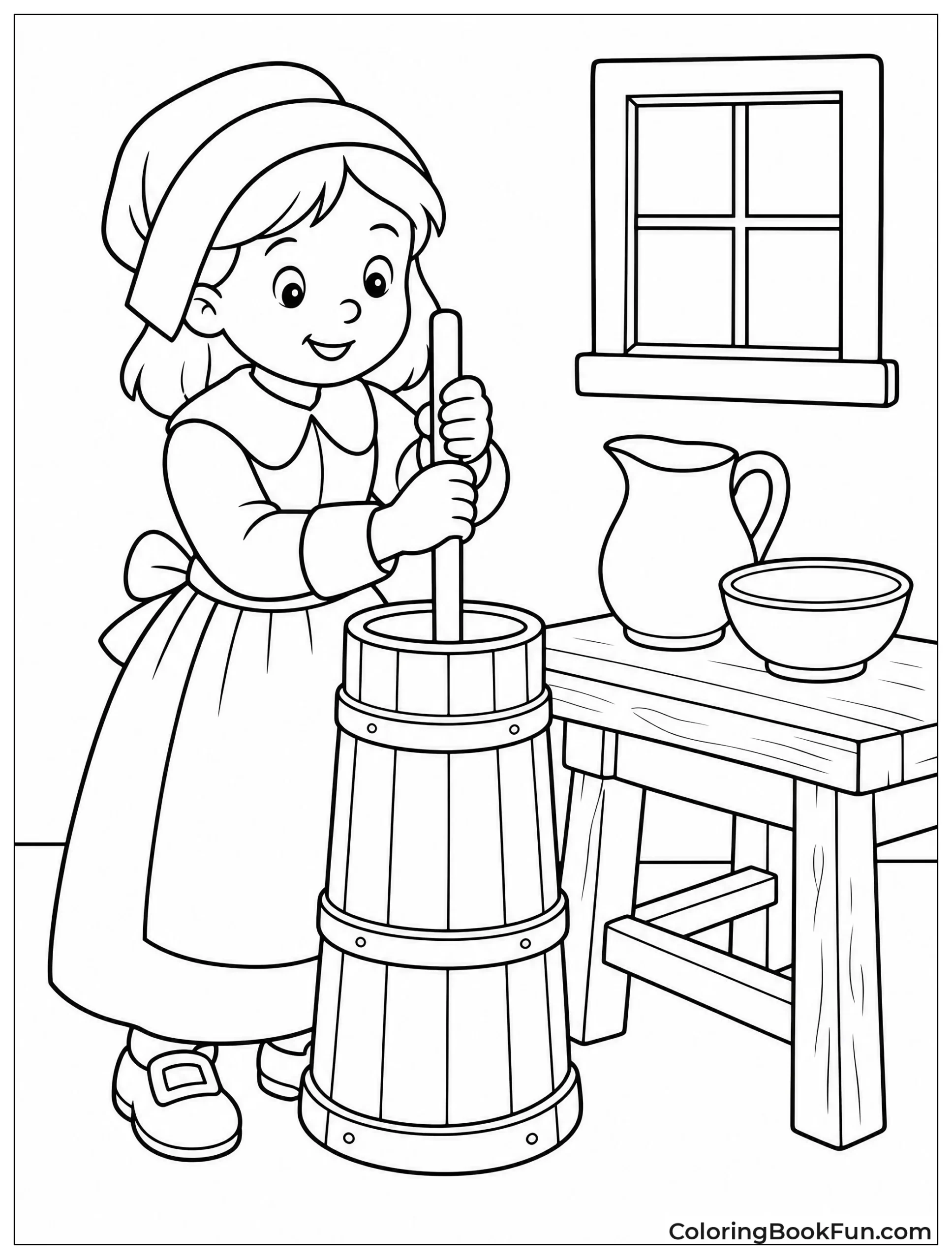 Child Churning Butter in Kitchen