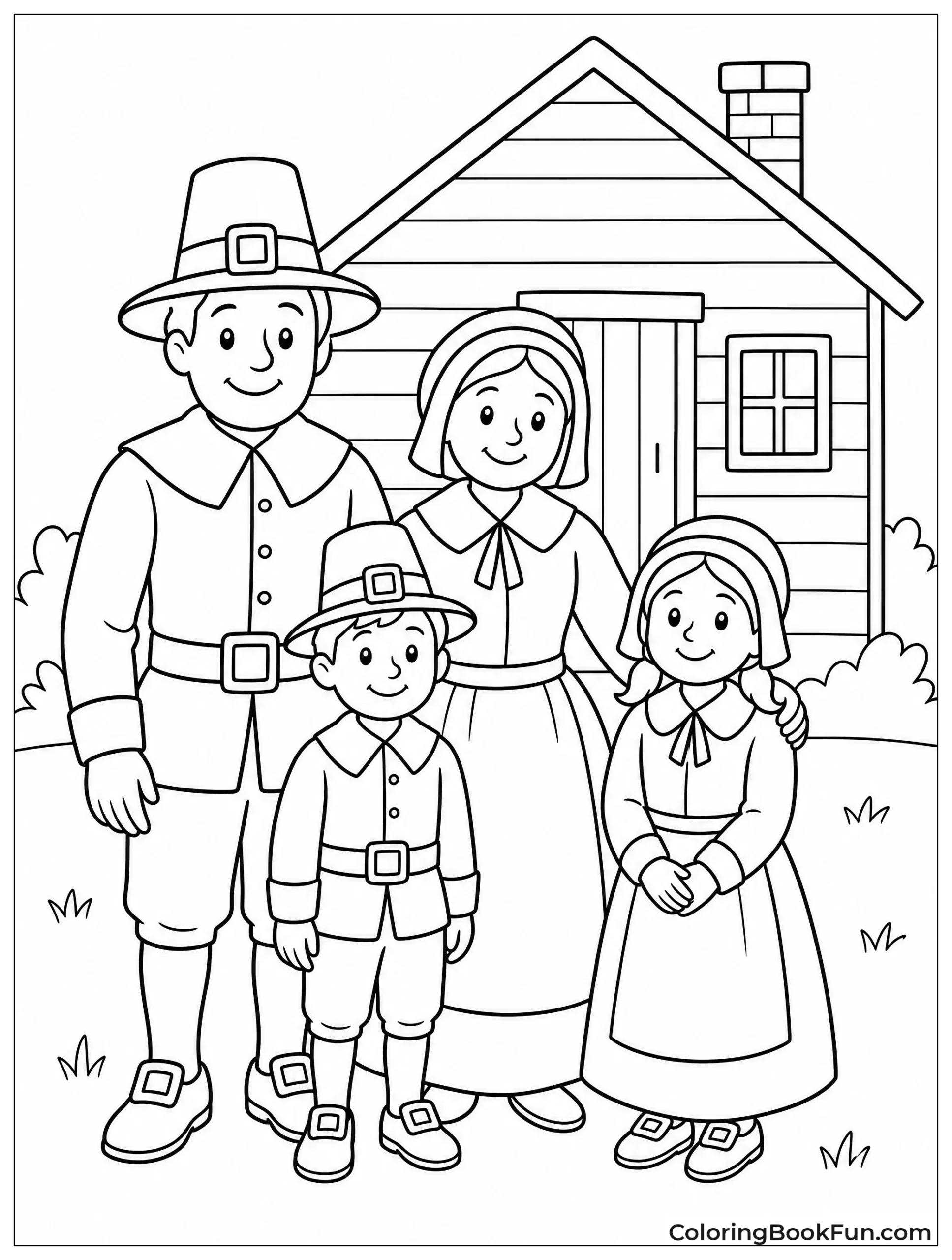 Pilgrim Family Standing by Cabin