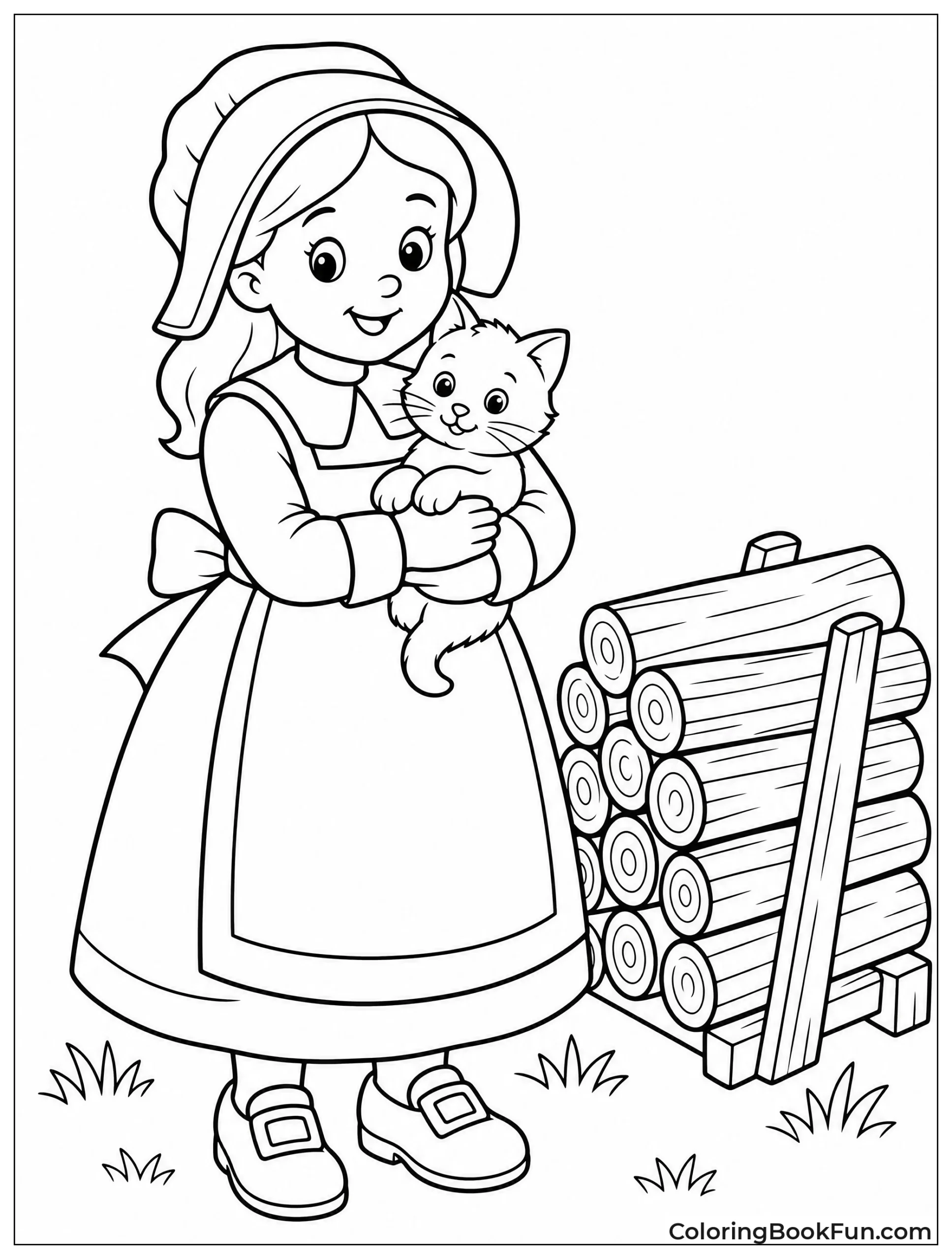 Girl Holding Kitten by Firewood