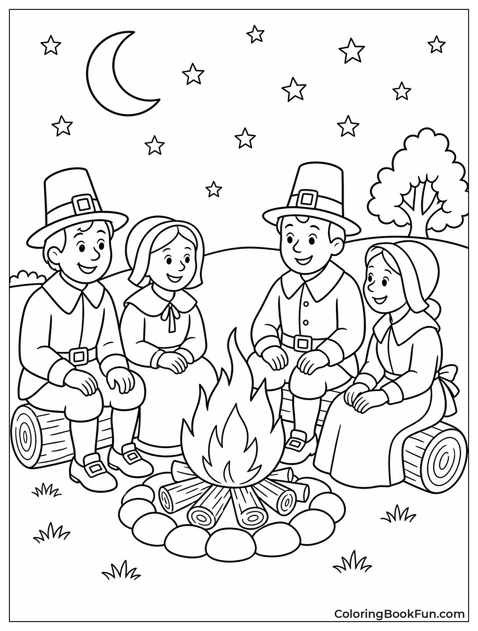 Pilgrims Around Campfire at Night