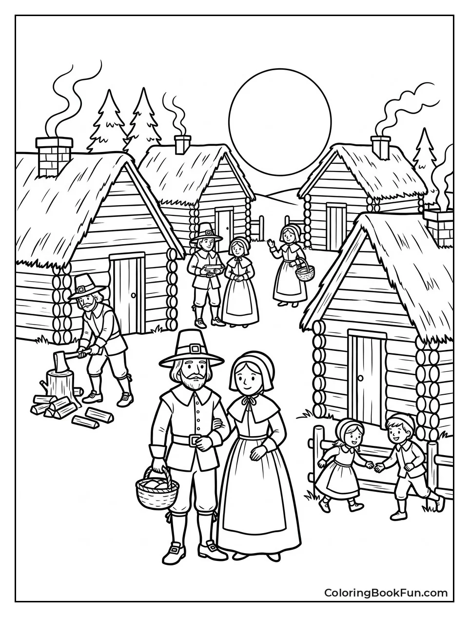 Busy Pilgrim Village on Sunny Day