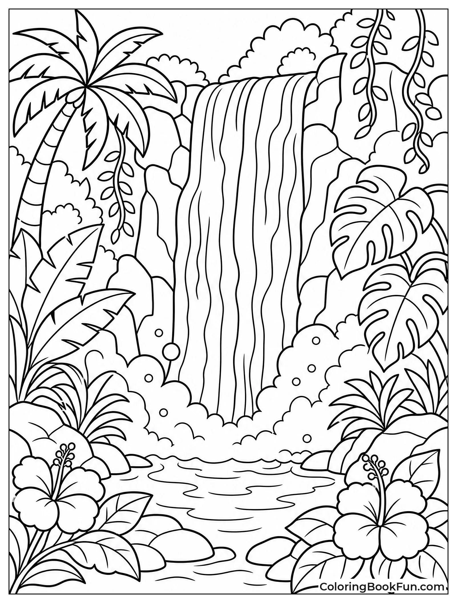 Waterfall Flows through Jungle Vines