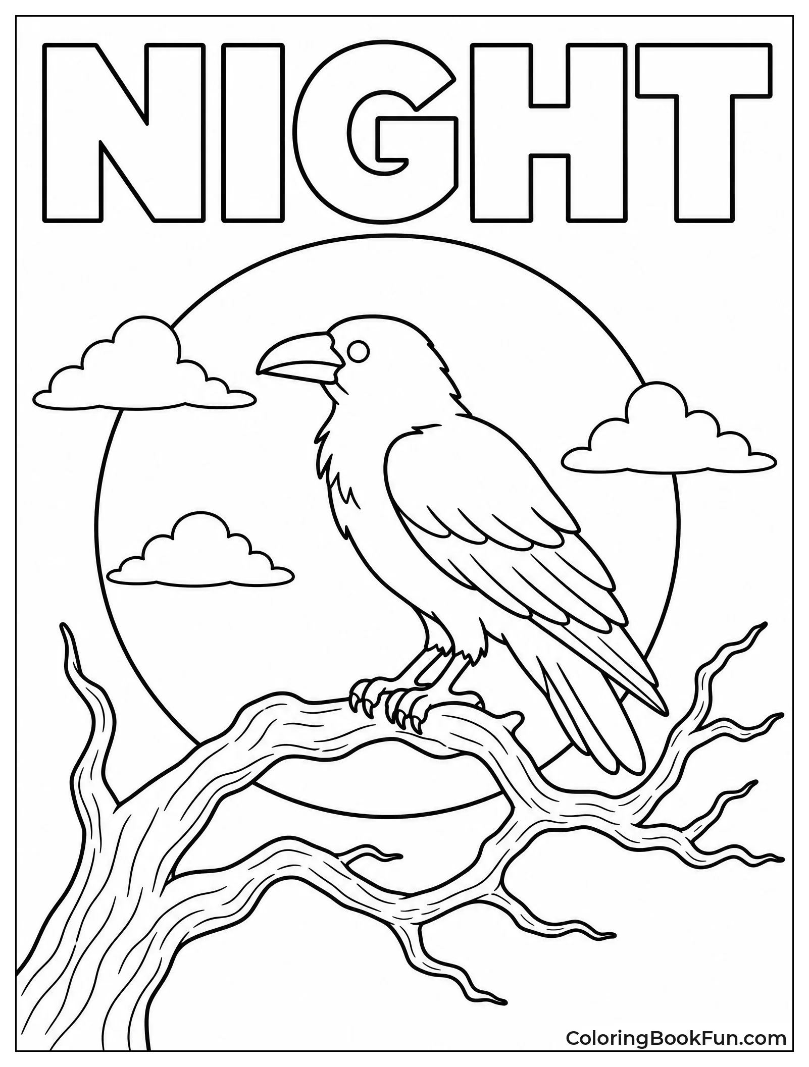Raven Silhouette on Branch with Moon