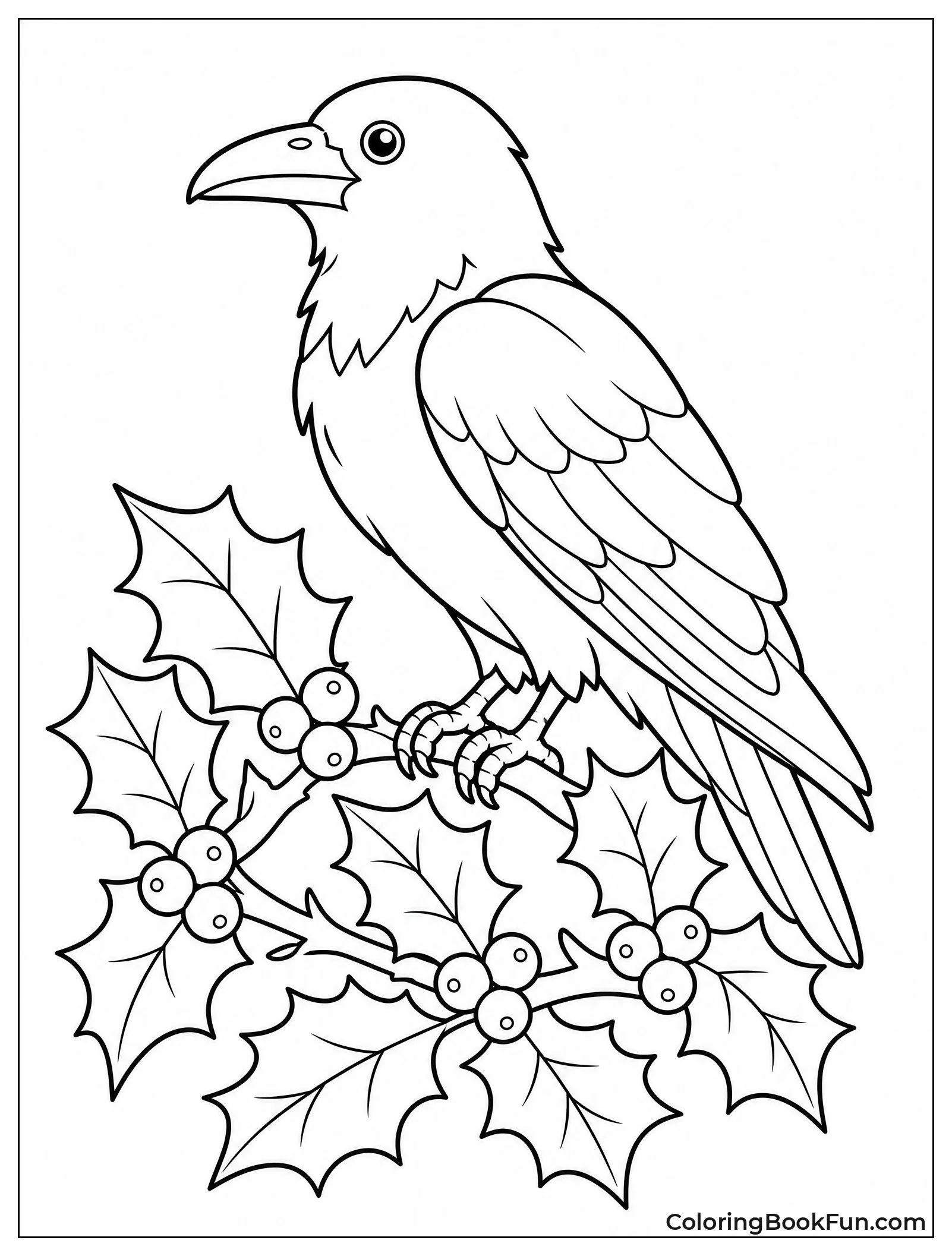 Raven Eats Berries on Holly Bush