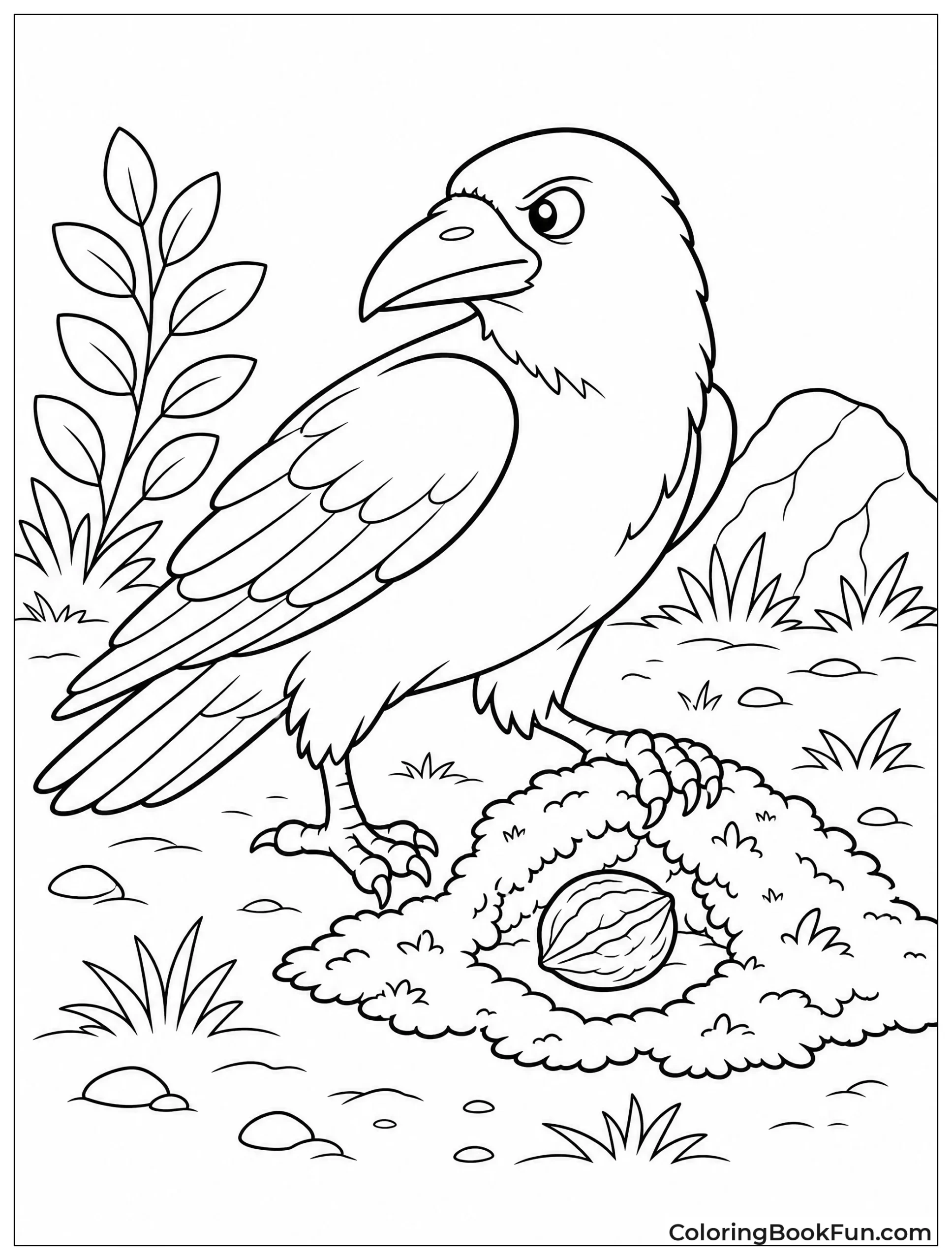 Raven Hides Nut Under Moss