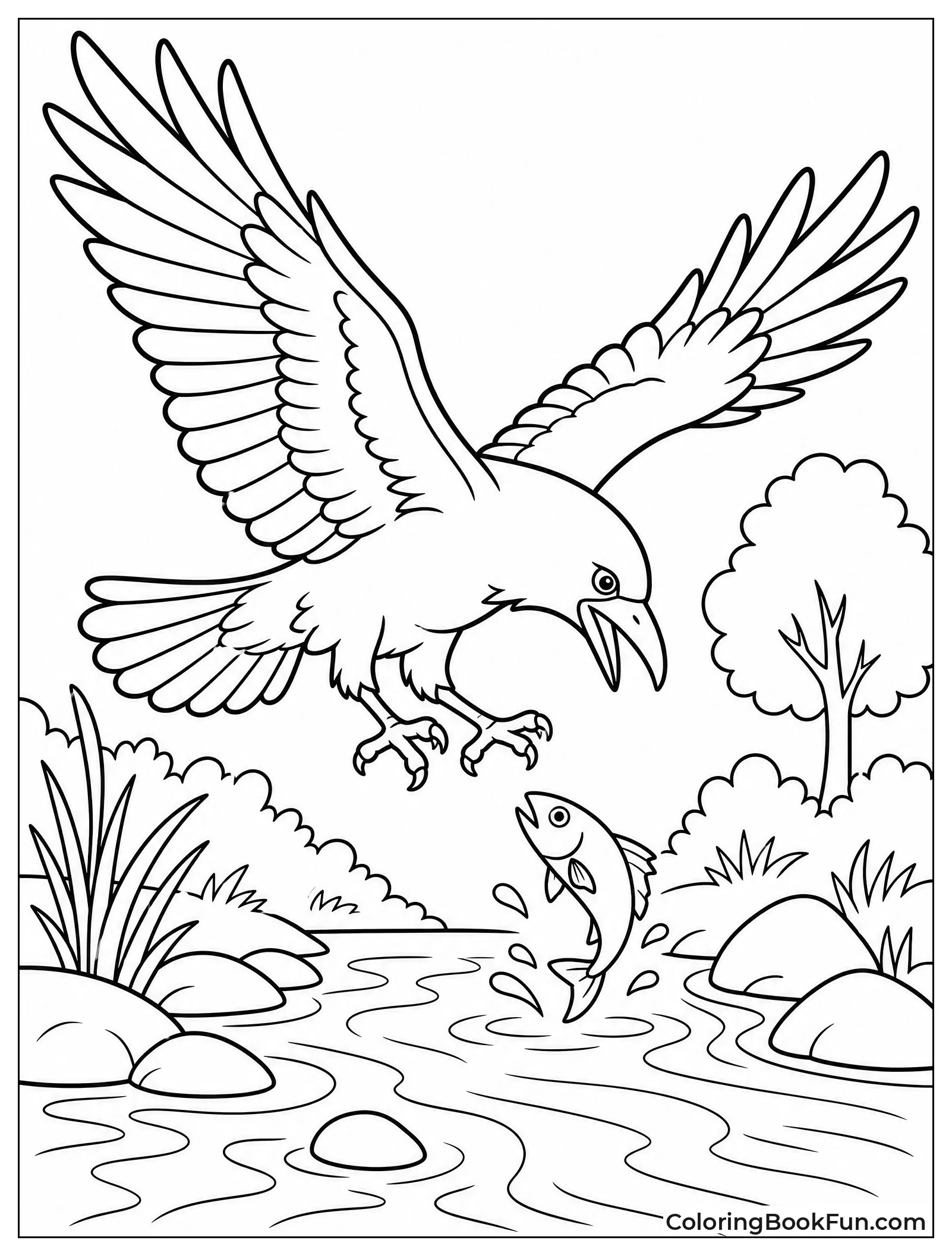 Raven Catches Fish by Stream