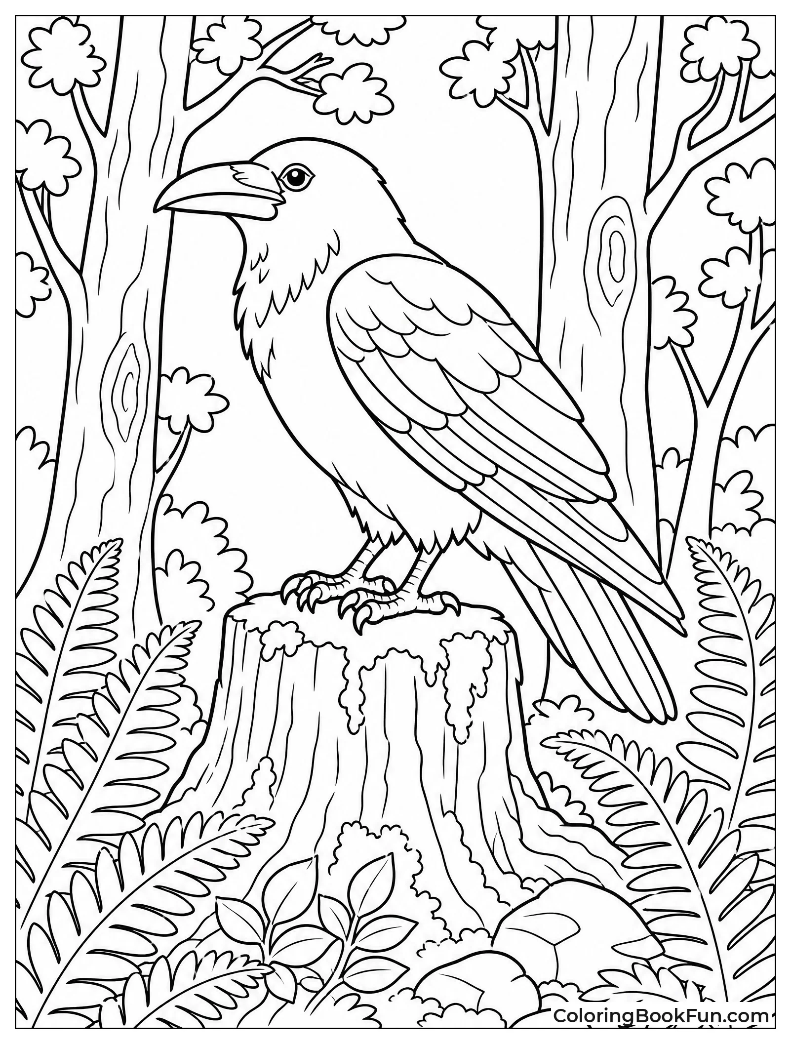 Raven on Stump in Misty Woods