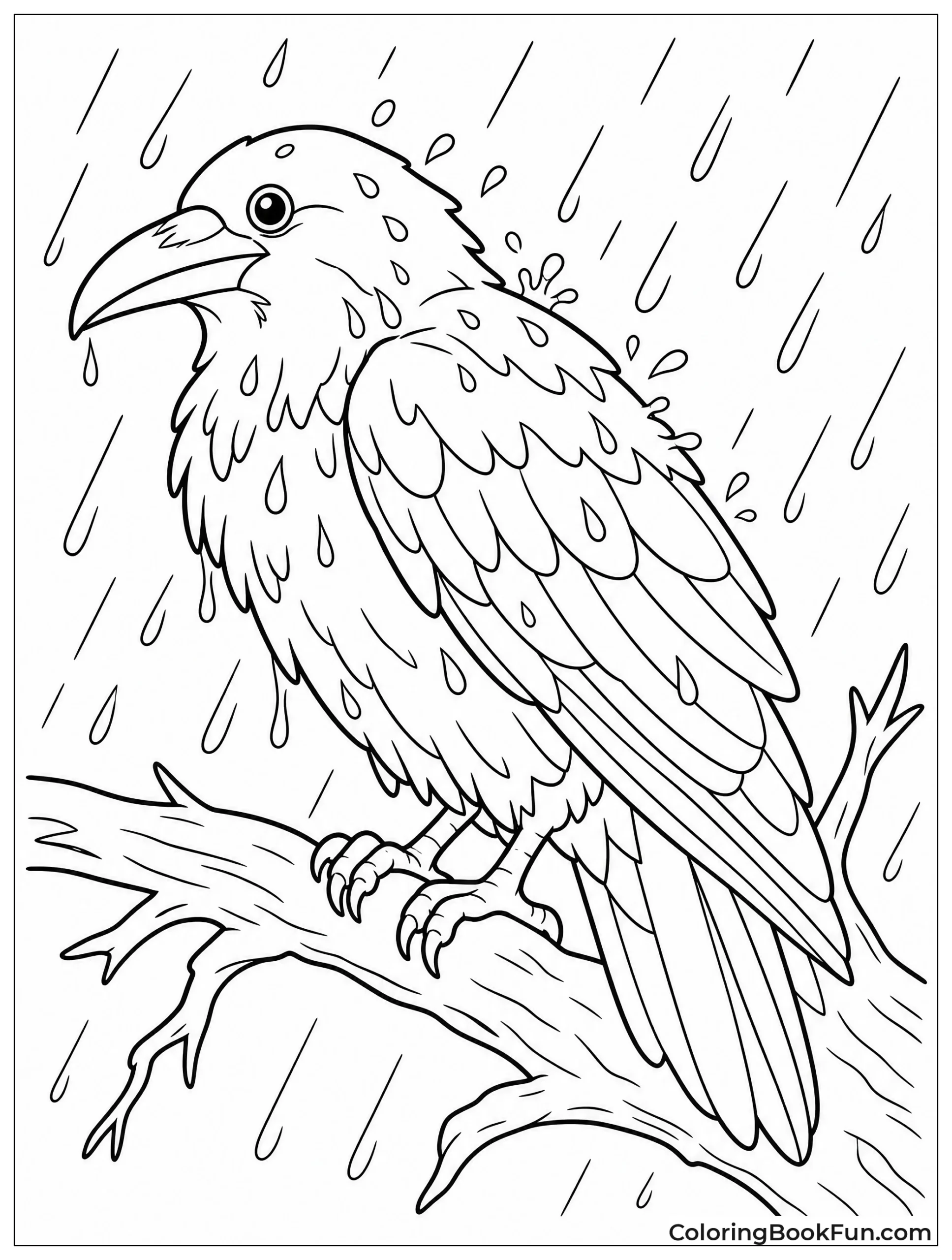 Raven Huddles on Branch in Rain