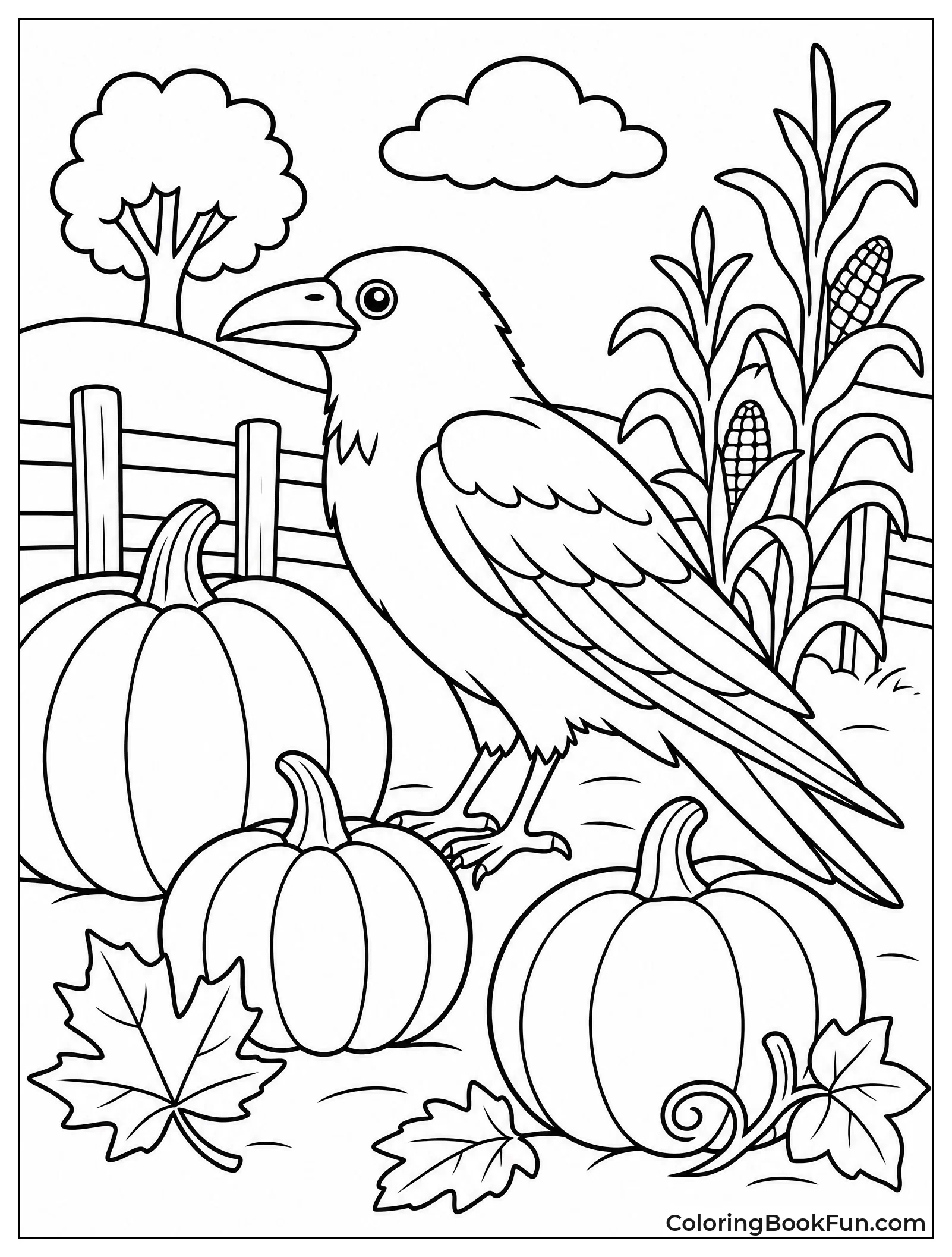 Raven Stands Among Pumpkins