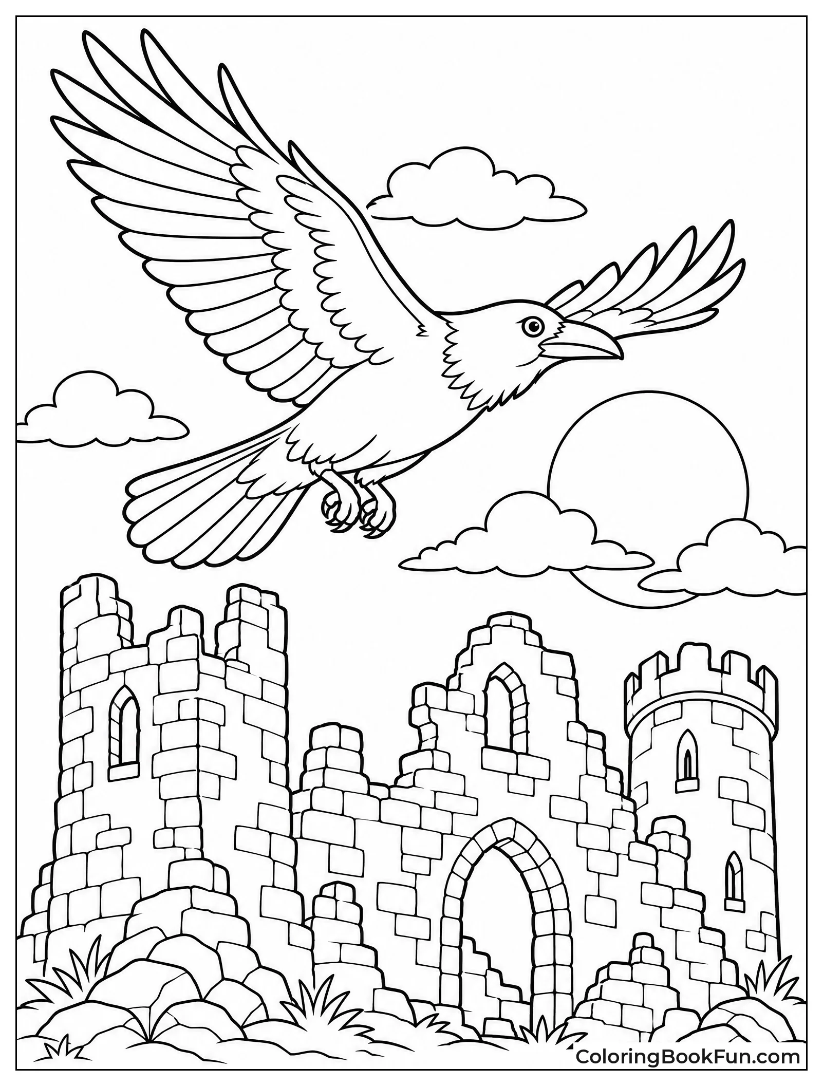 Raven Flies Over Castle Ruins
