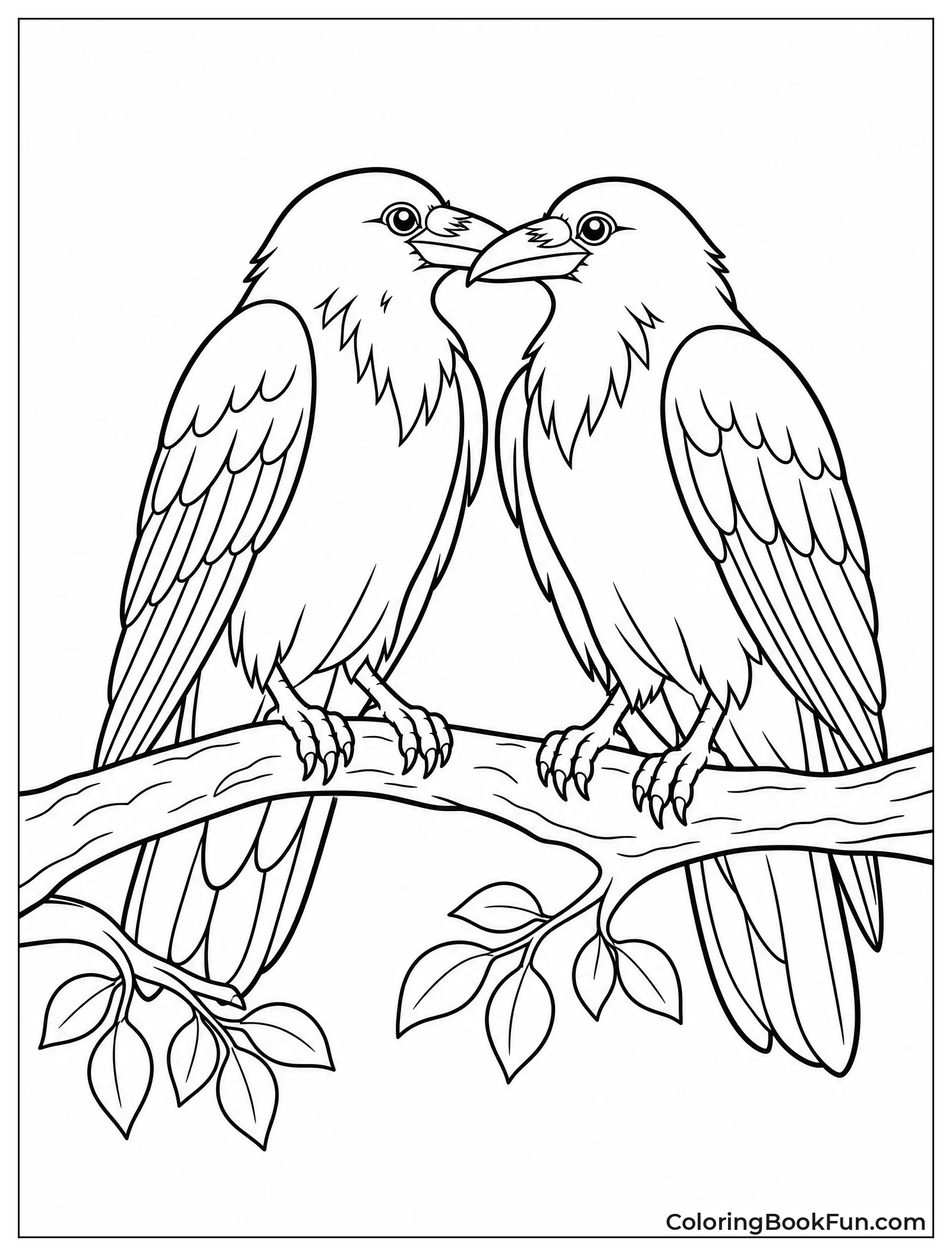 Two Ravens Touch Beaks on Branch