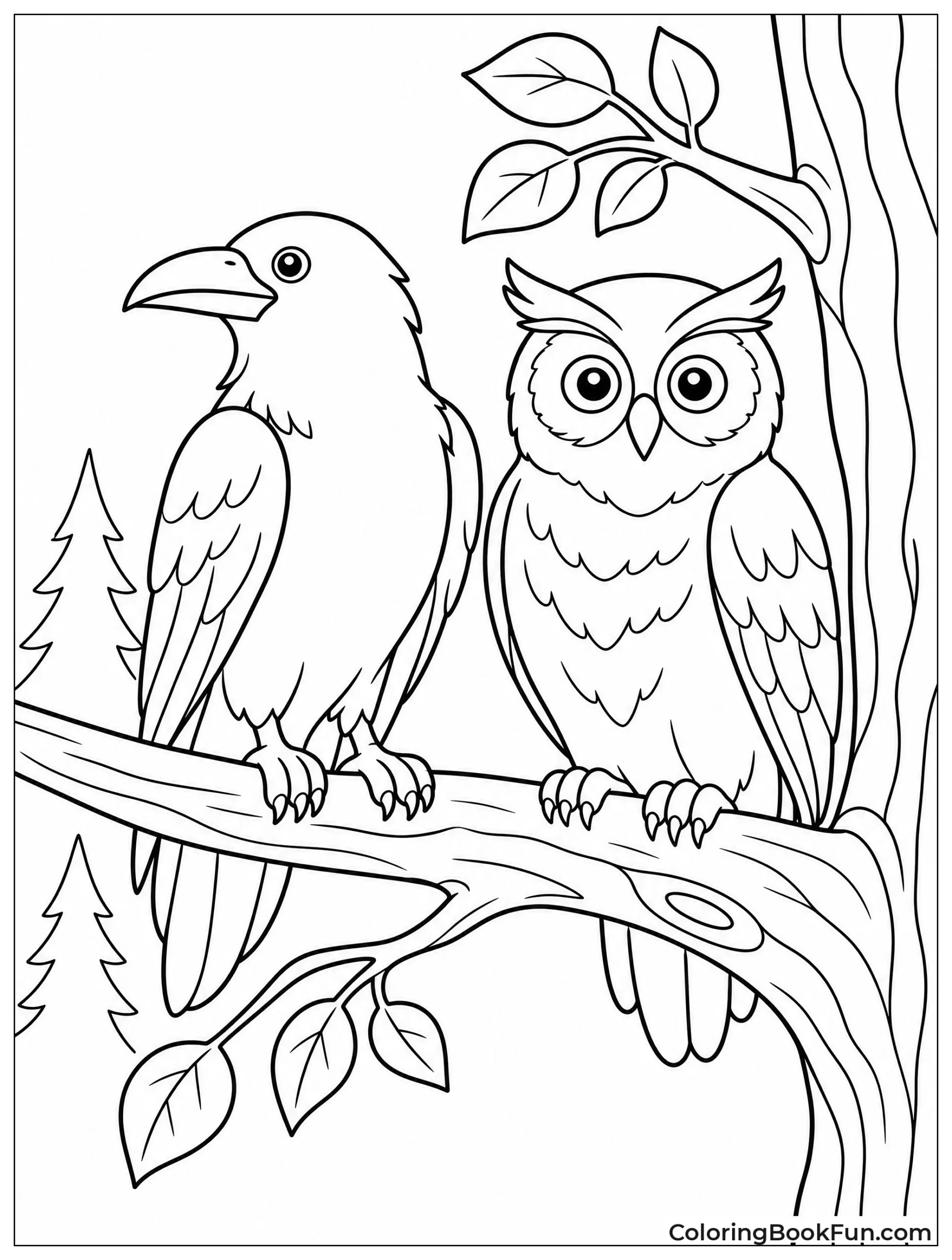 Raven and Owl Sit on Branch