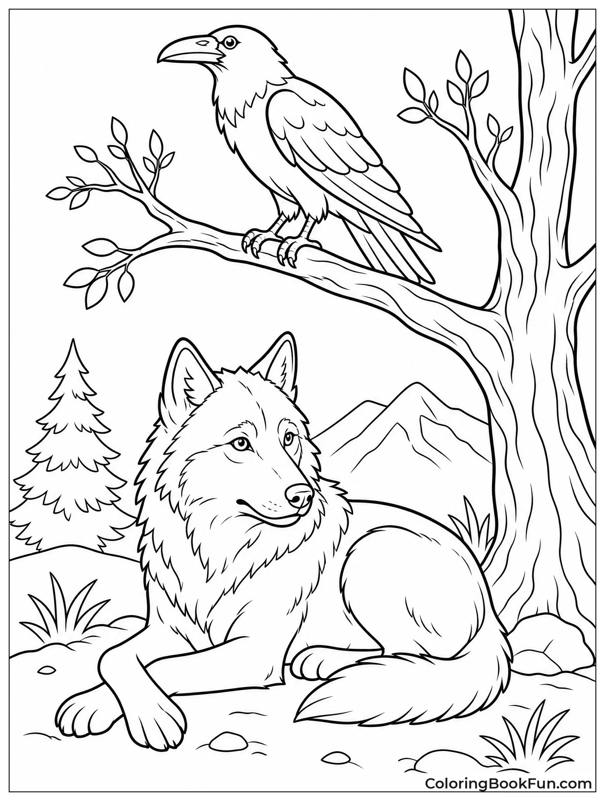 Raven Perches Near Resting Wolf