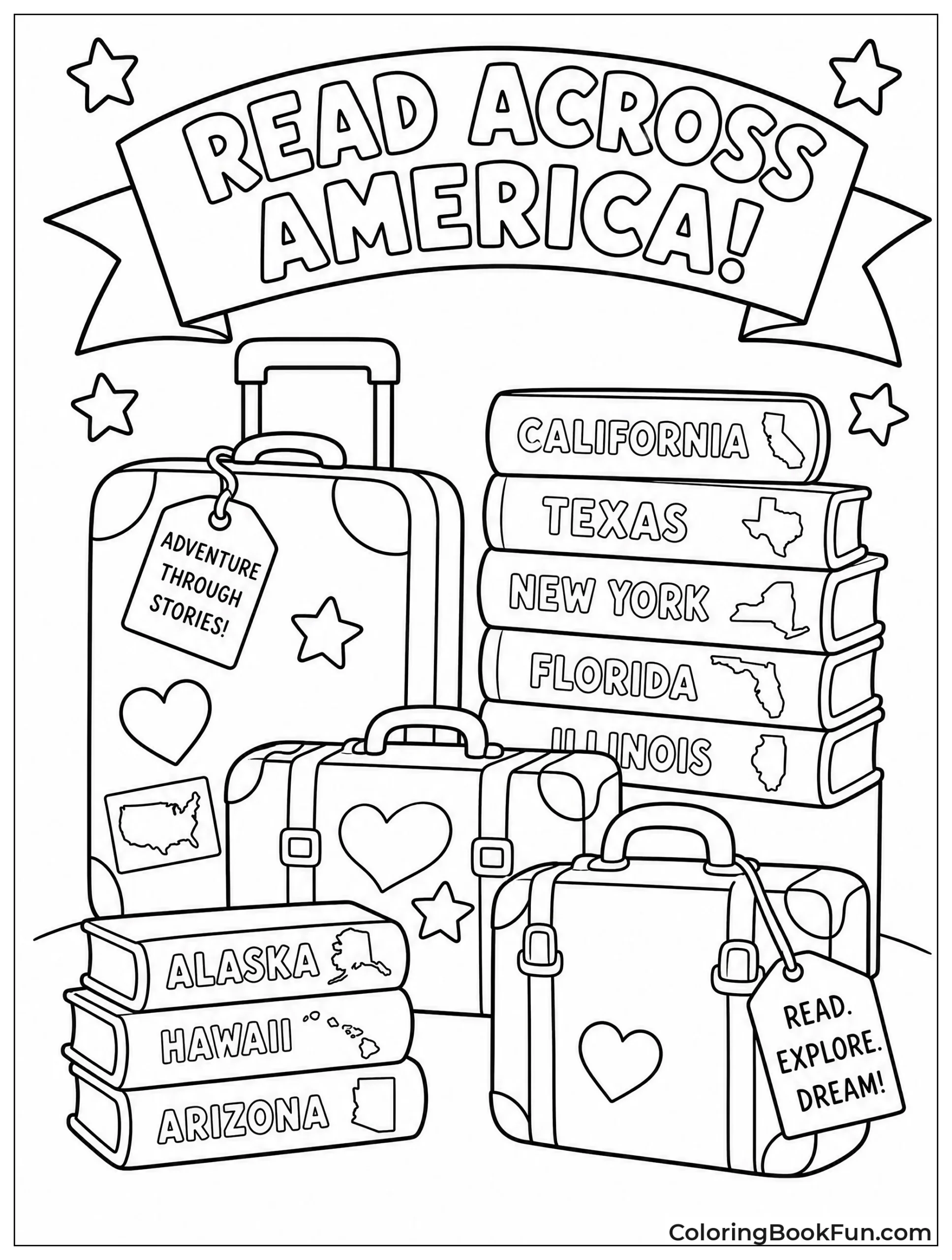 Books and Suitcases Labeled with States